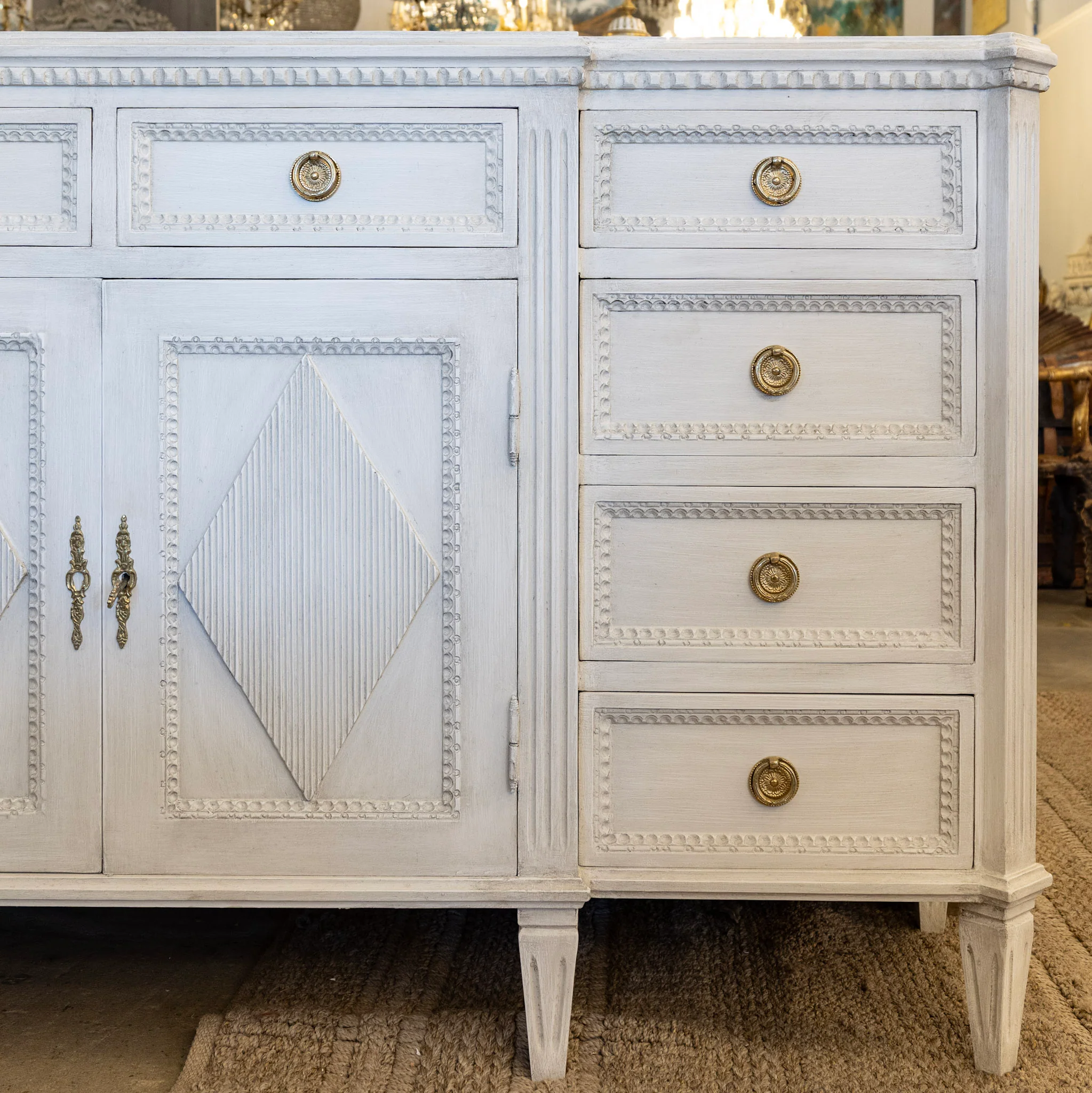 Swedish Diamond Front Buffet – Reeded Trim in Antique White - Image 4