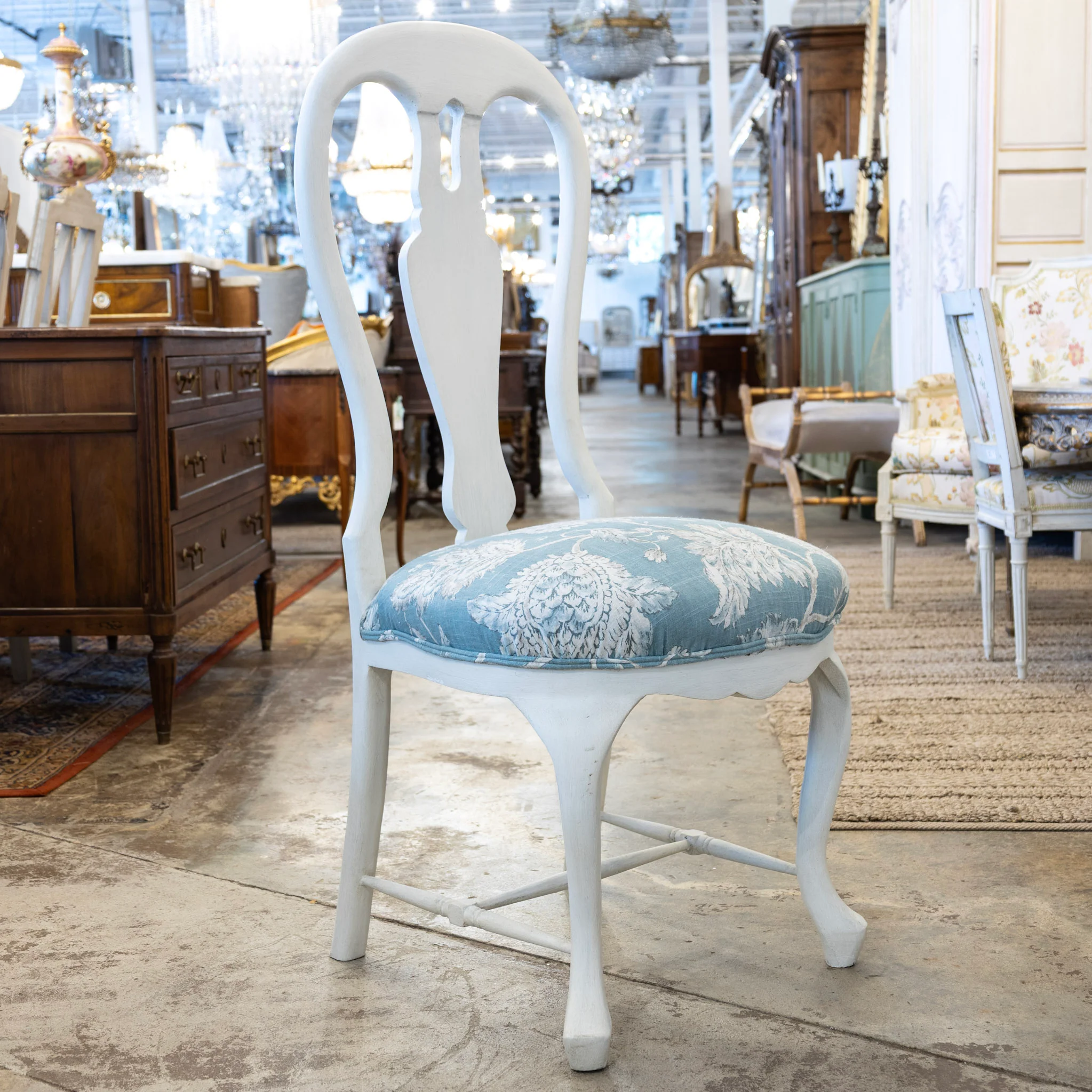 Swedish Dining Chair – Dove White with Blue Floral Upholstery - Image 2