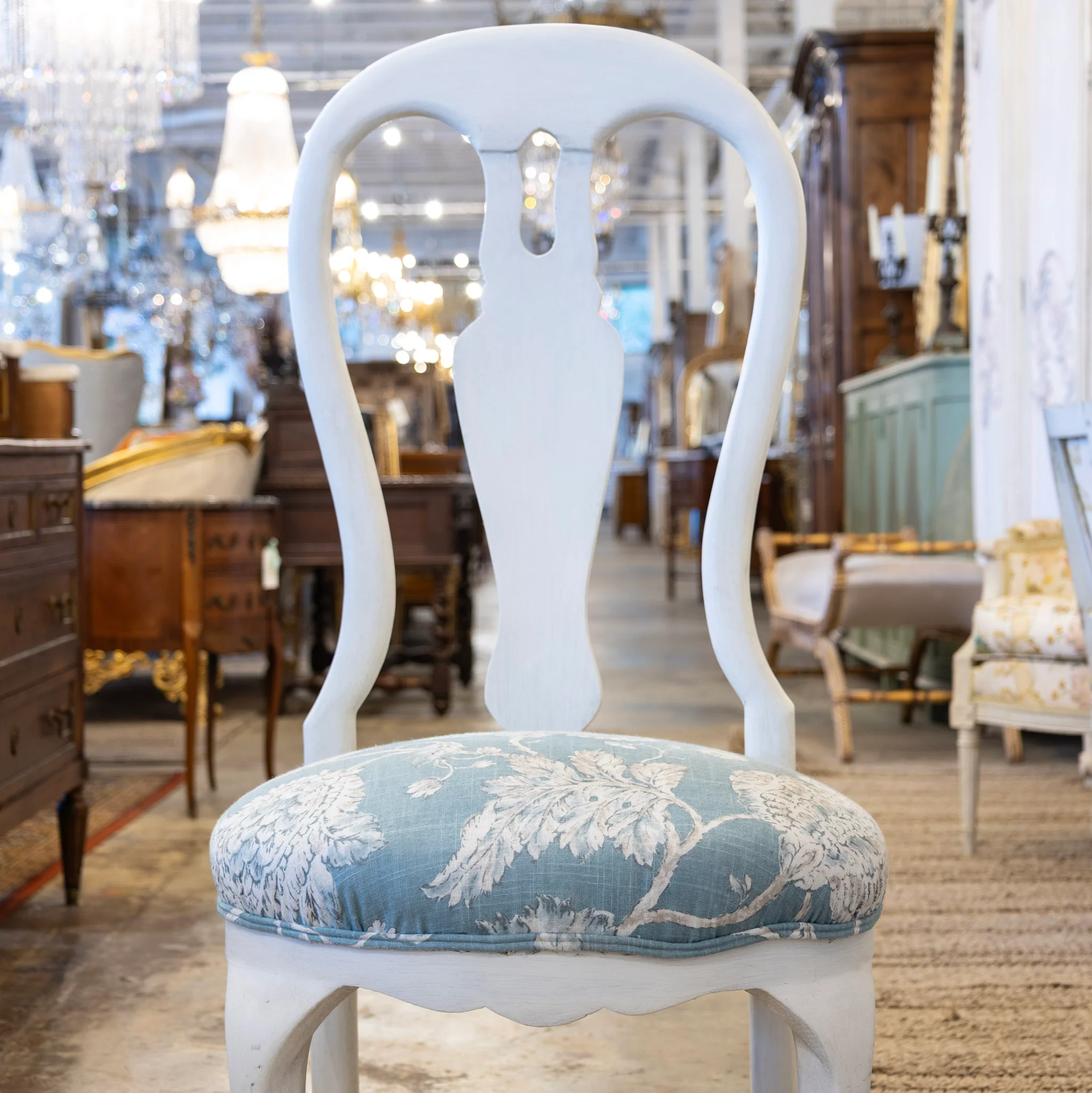 Swedish Dining Chair – Dove White with Blue Floral Upholstery - Image 3