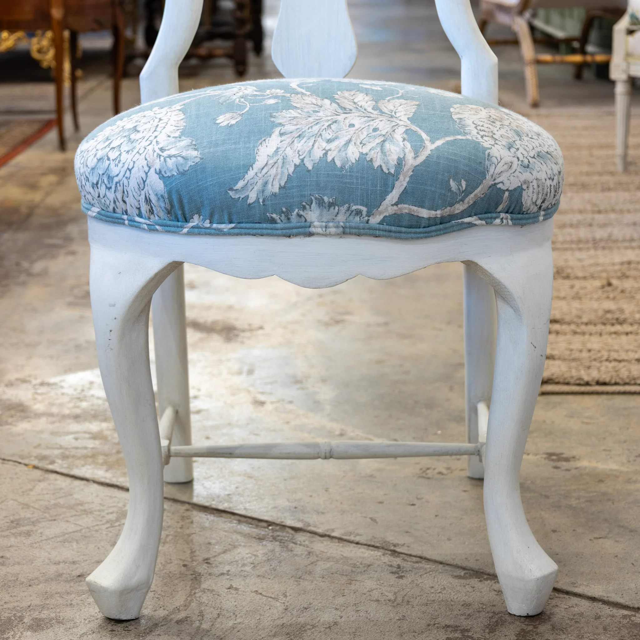 Swedish Dining Chair – Dove White with Blue Floral Upholstery - Image 4