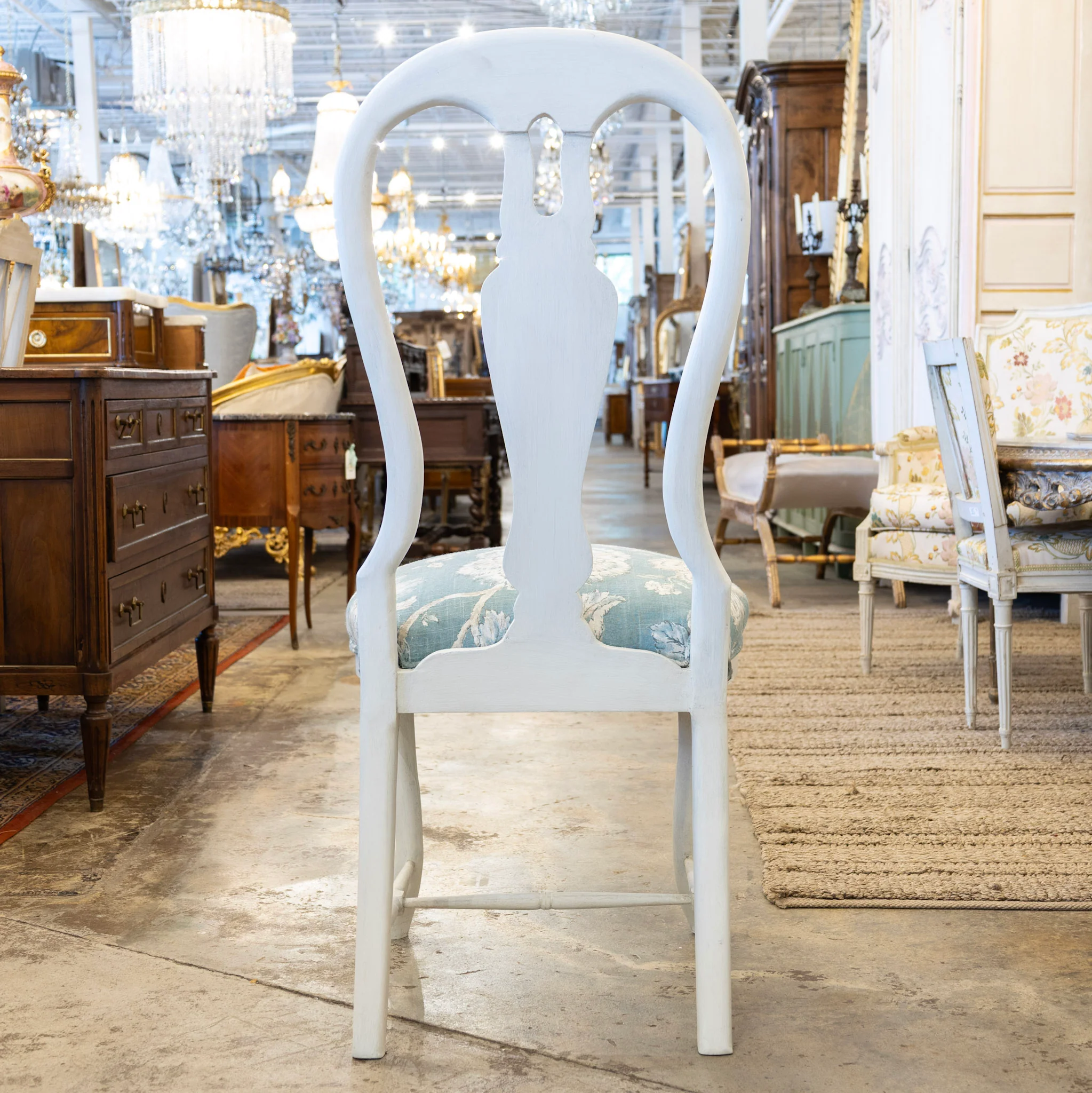 Swedish Dining Chair – Dove White with Blue Floral Upholstery - Image 5