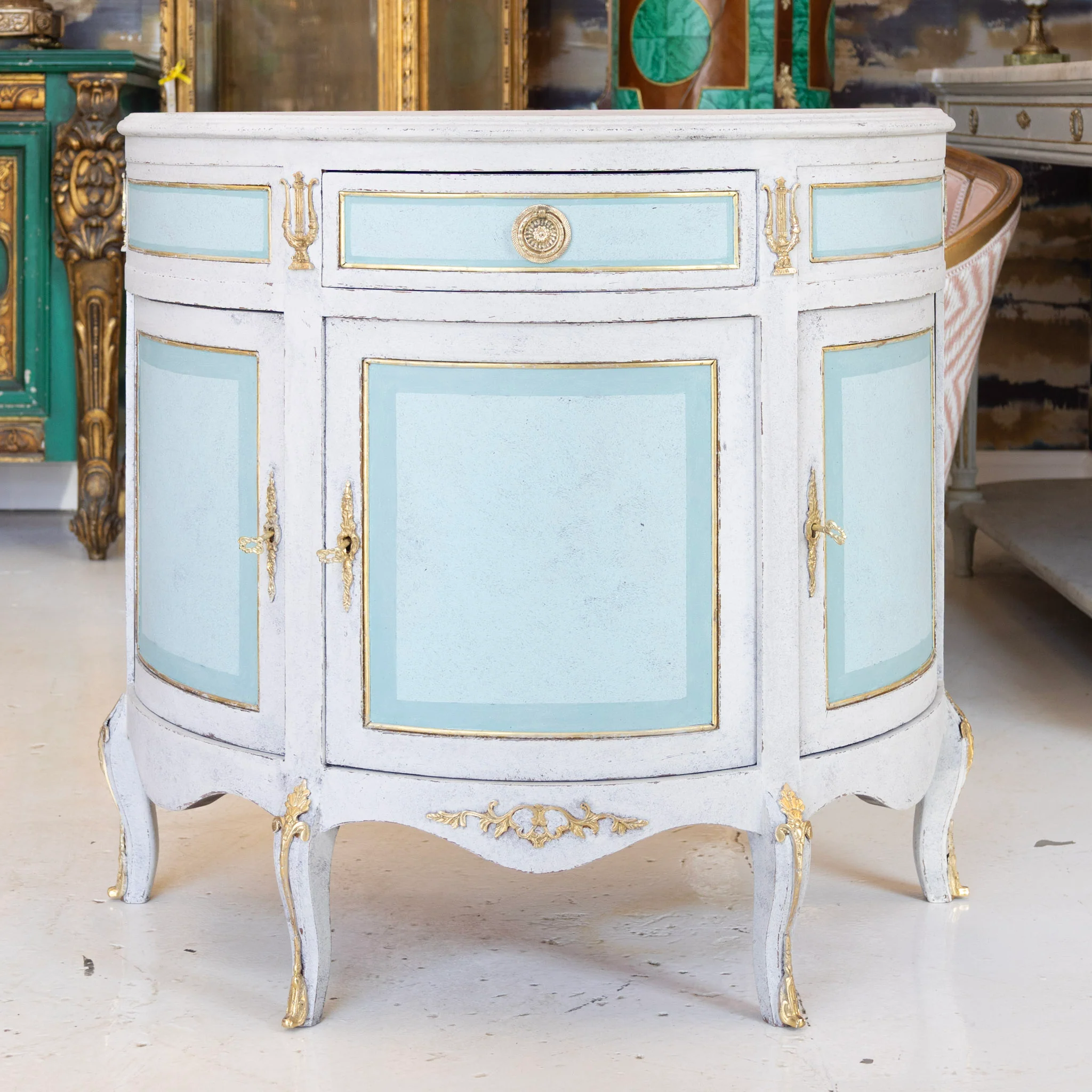 Swedish Demilune Nightstand – Blue & White Distressed Finish with Brass Mounts
