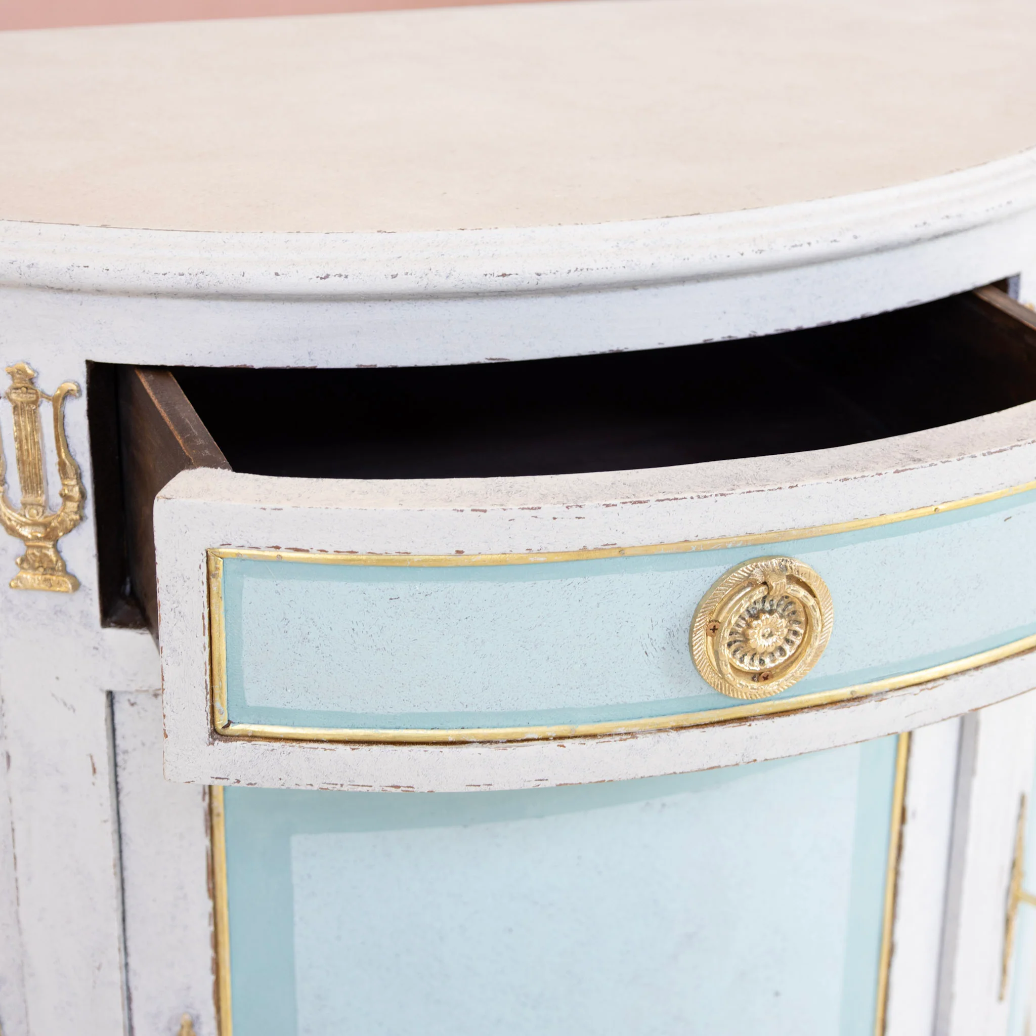 Swedish Demilune Nightstand – Blue & White Distressed Finish with Brass Mounts - Image 10