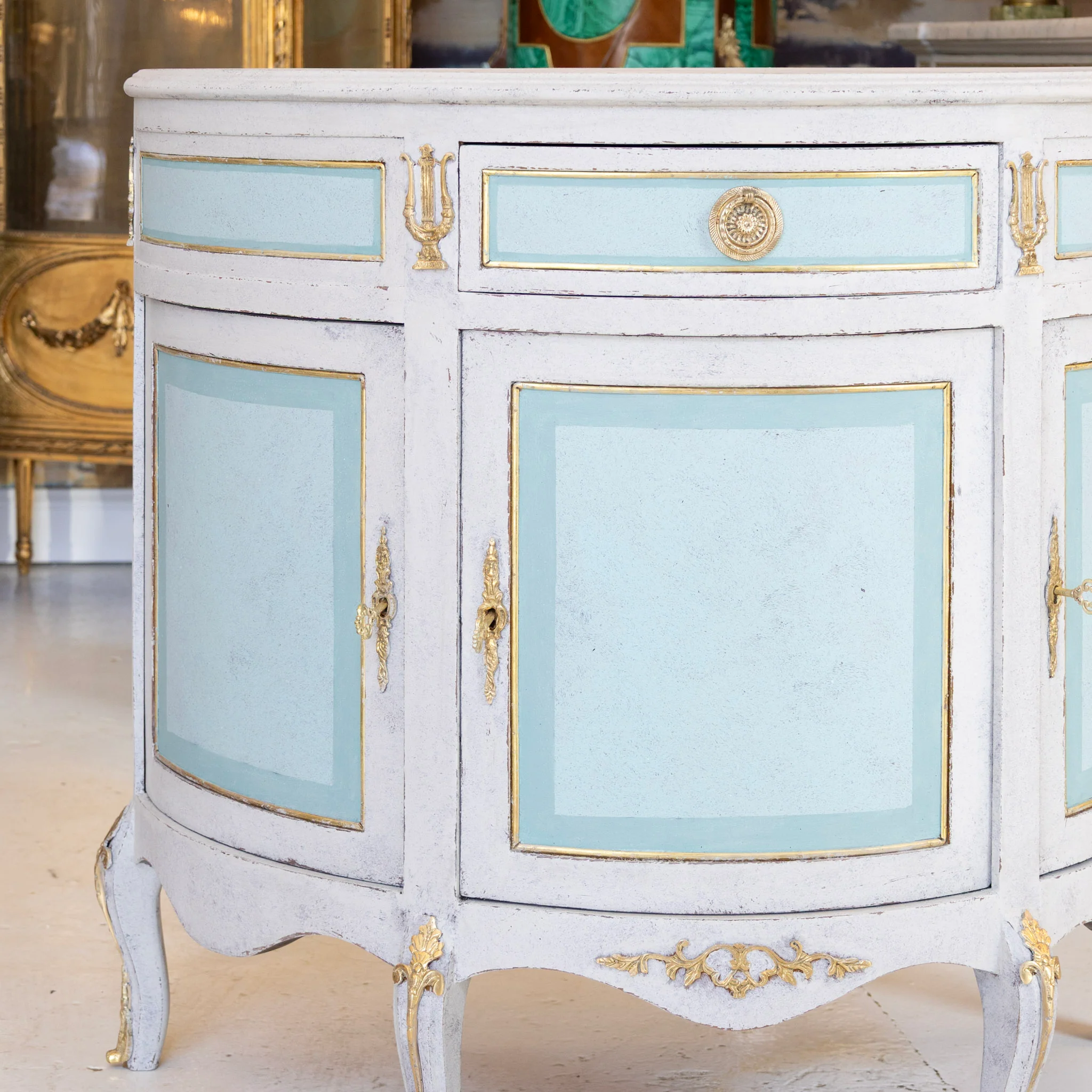Swedish Demilune Nightstand – Blue & White Distressed Finish with Brass Mounts - Image 11