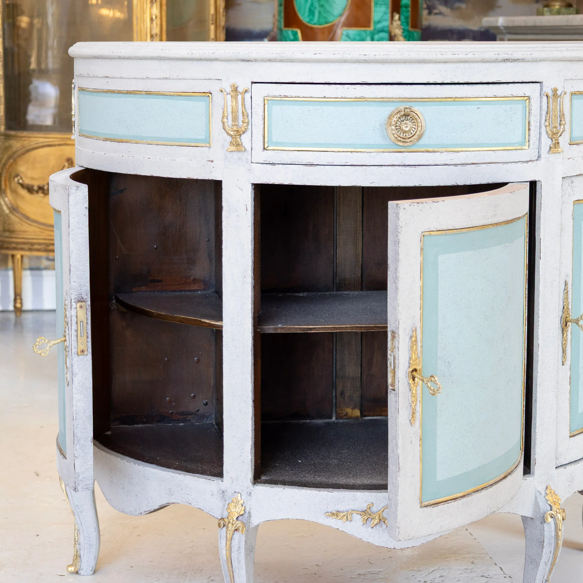 Swedish Demilune Nightstand – Blue & White Distressed Finish with Brass Mounts - Image 12