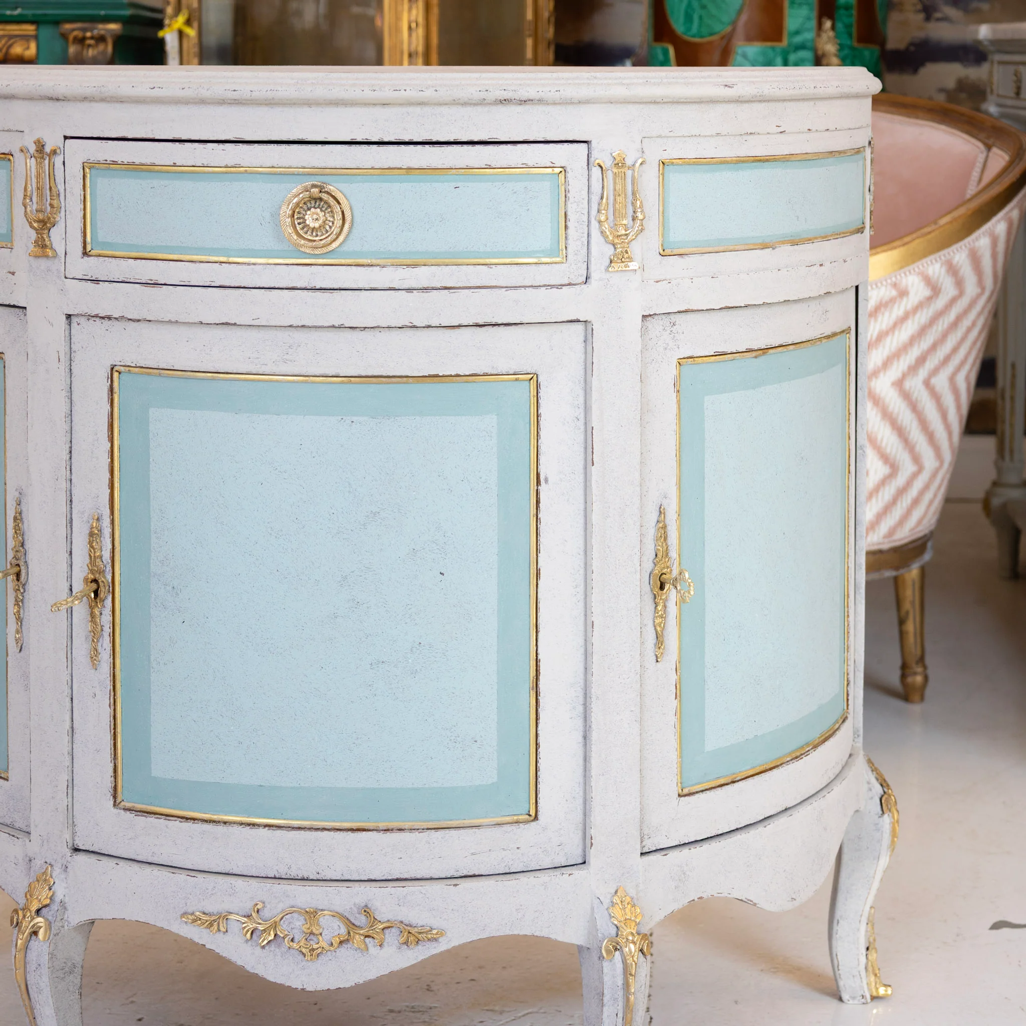 Swedish Demilune Nightstand – Blue & White Distressed Finish with Brass Mounts - Image 13