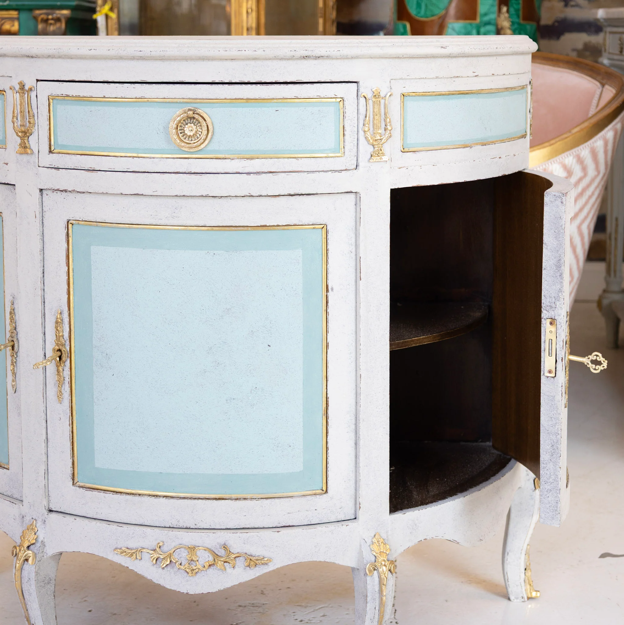Swedish Demilune Nightstand – Blue & White Distressed Finish with Brass Mounts - Image 14