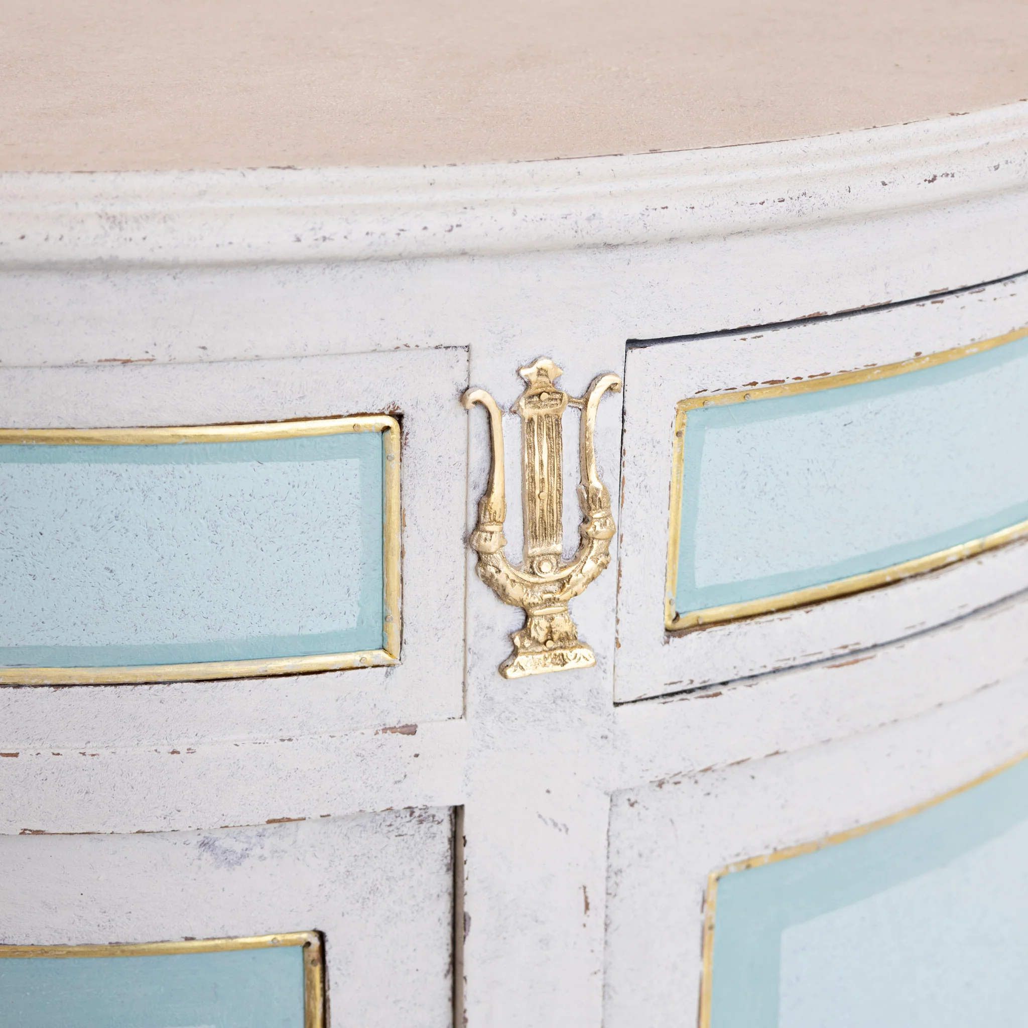 Swedish Demilune Nightstand – Blue & White Distressed Finish with Brass Mounts - Image 15