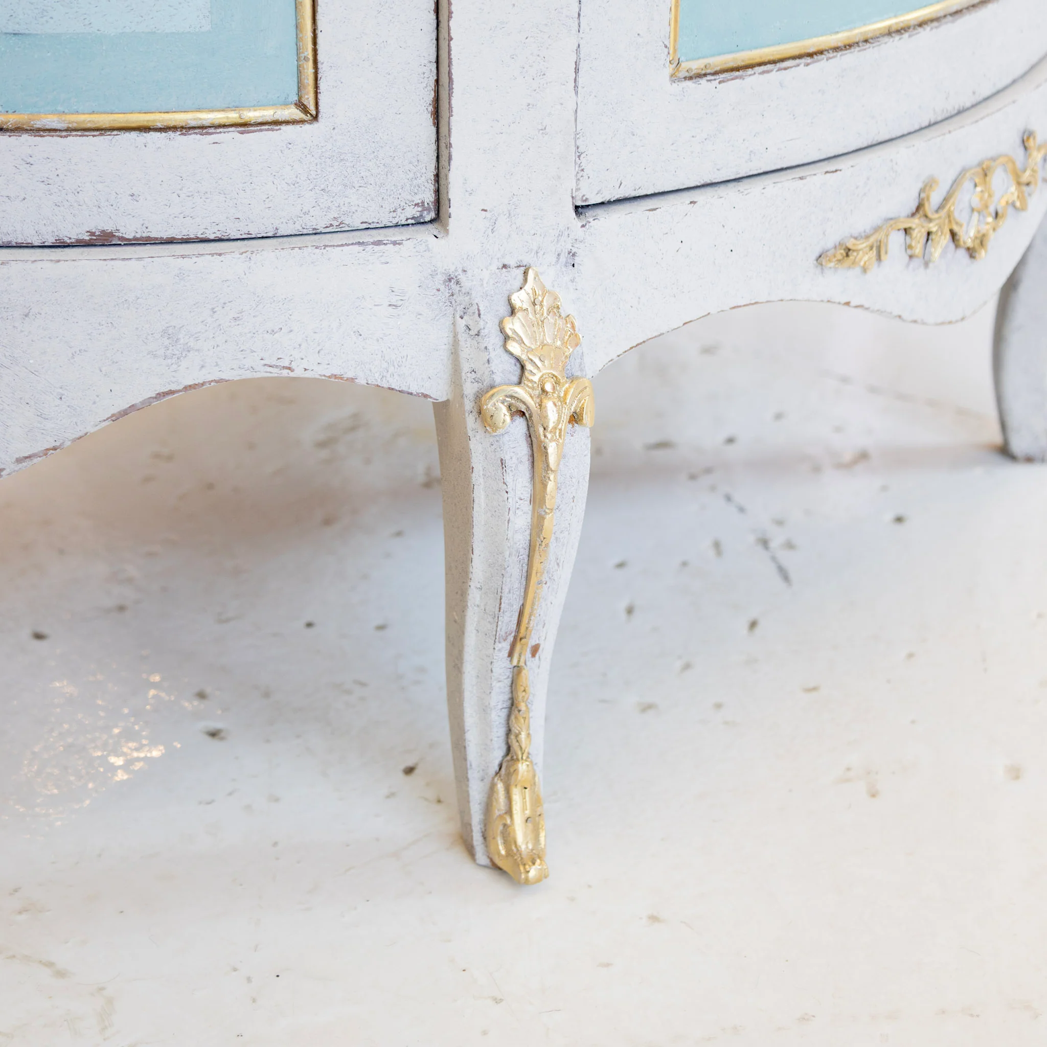 Swedish Demilune Nightstand – Blue & White Distressed Finish with Brass Mounts - Image 16