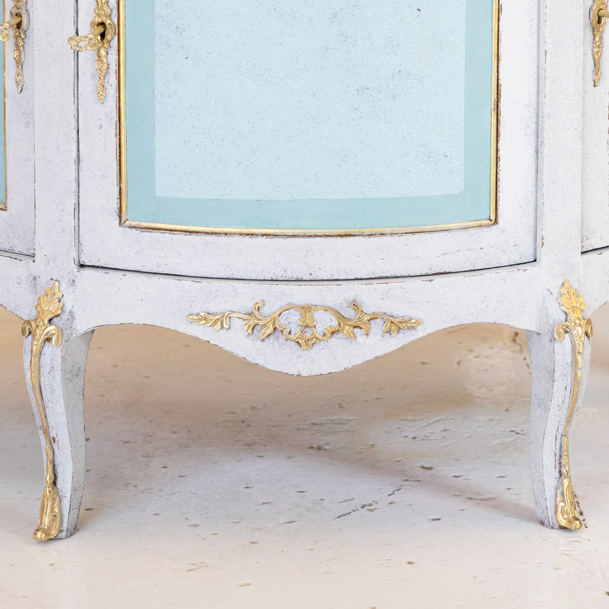 Swedish Demilune Nightstand – Blue & White Distressed Finish with Brass Mounts - Image 5