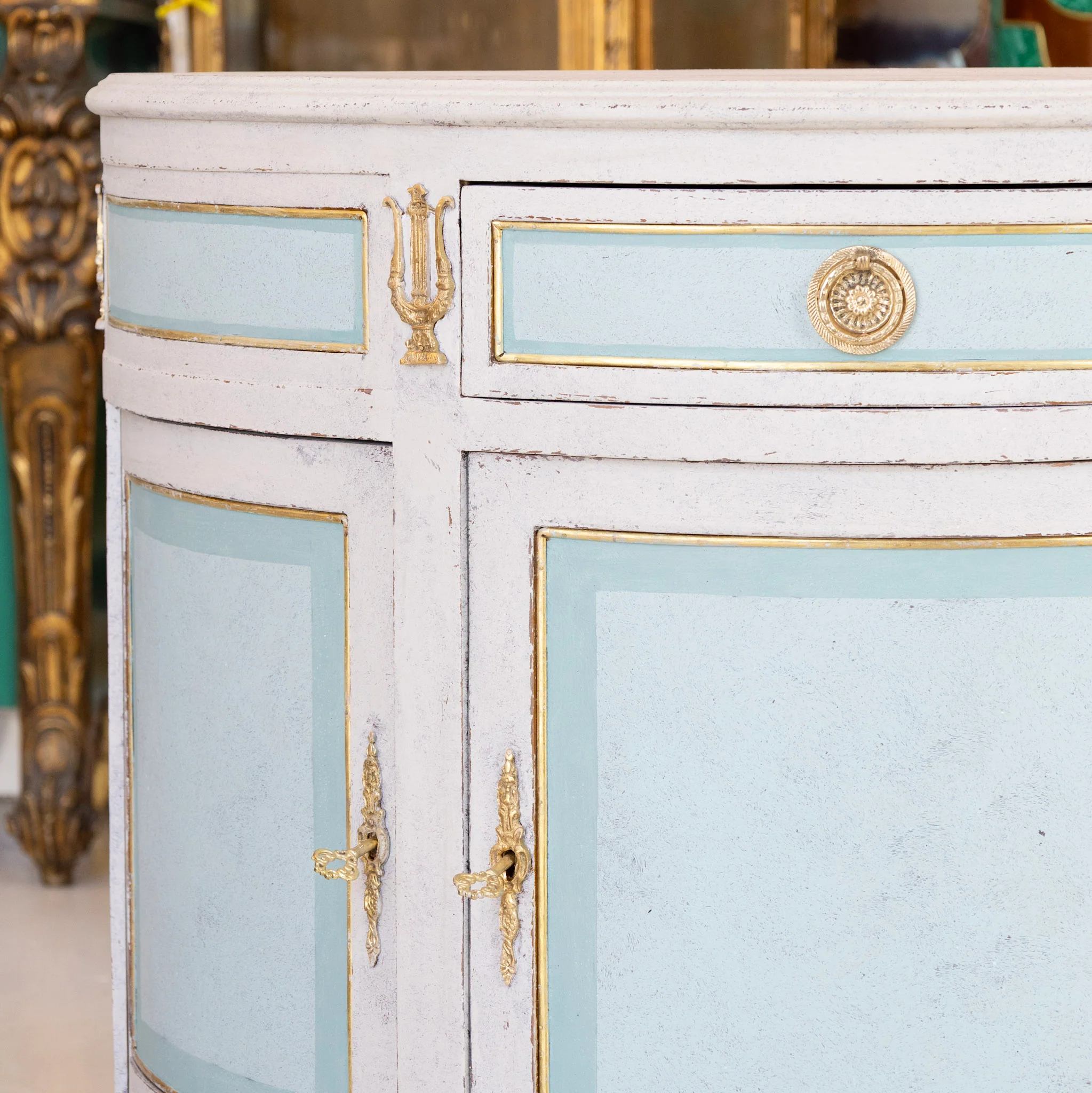 Swedish Demilune Nightstand – Blue & White Distressed Finish with Brass Mounts - Image 6