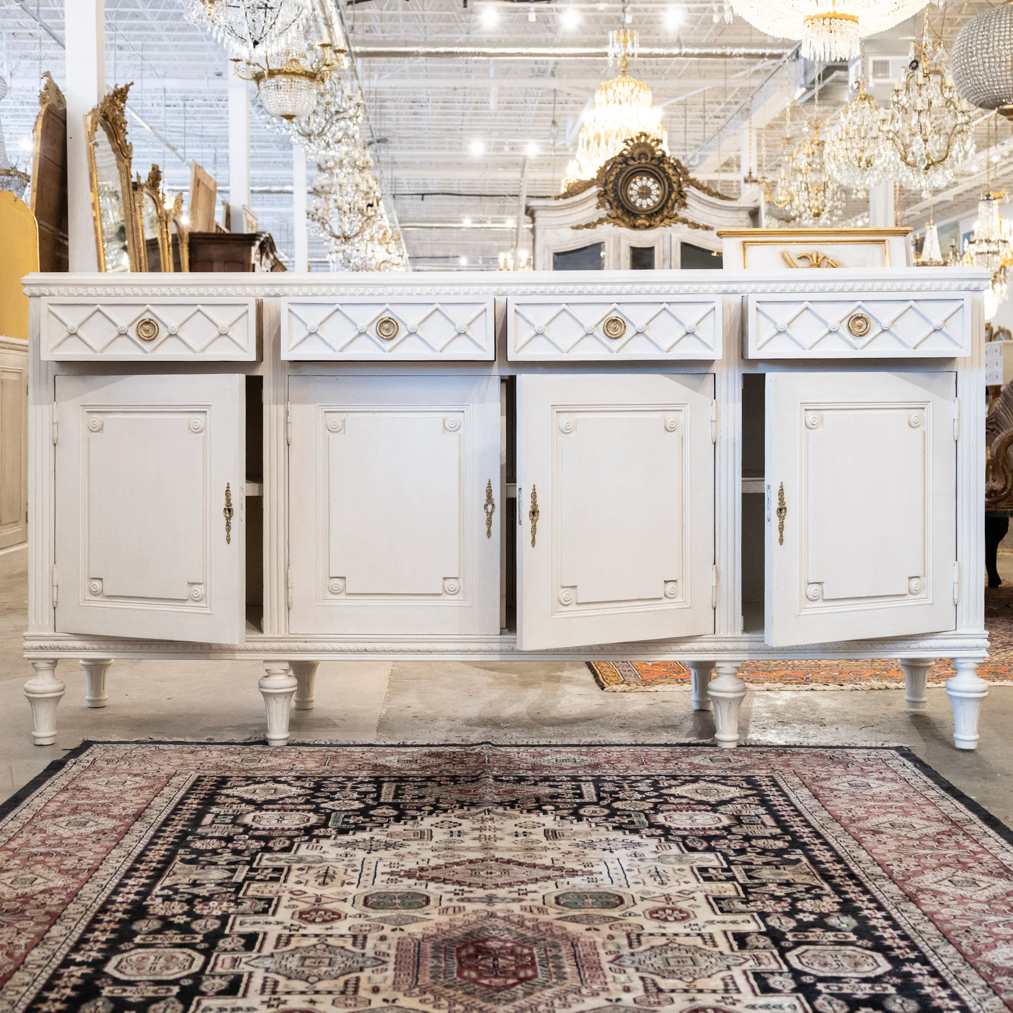 Swedish Four-Door Sideboard –  Lattice Carvings in Washed Antique White - Image 2