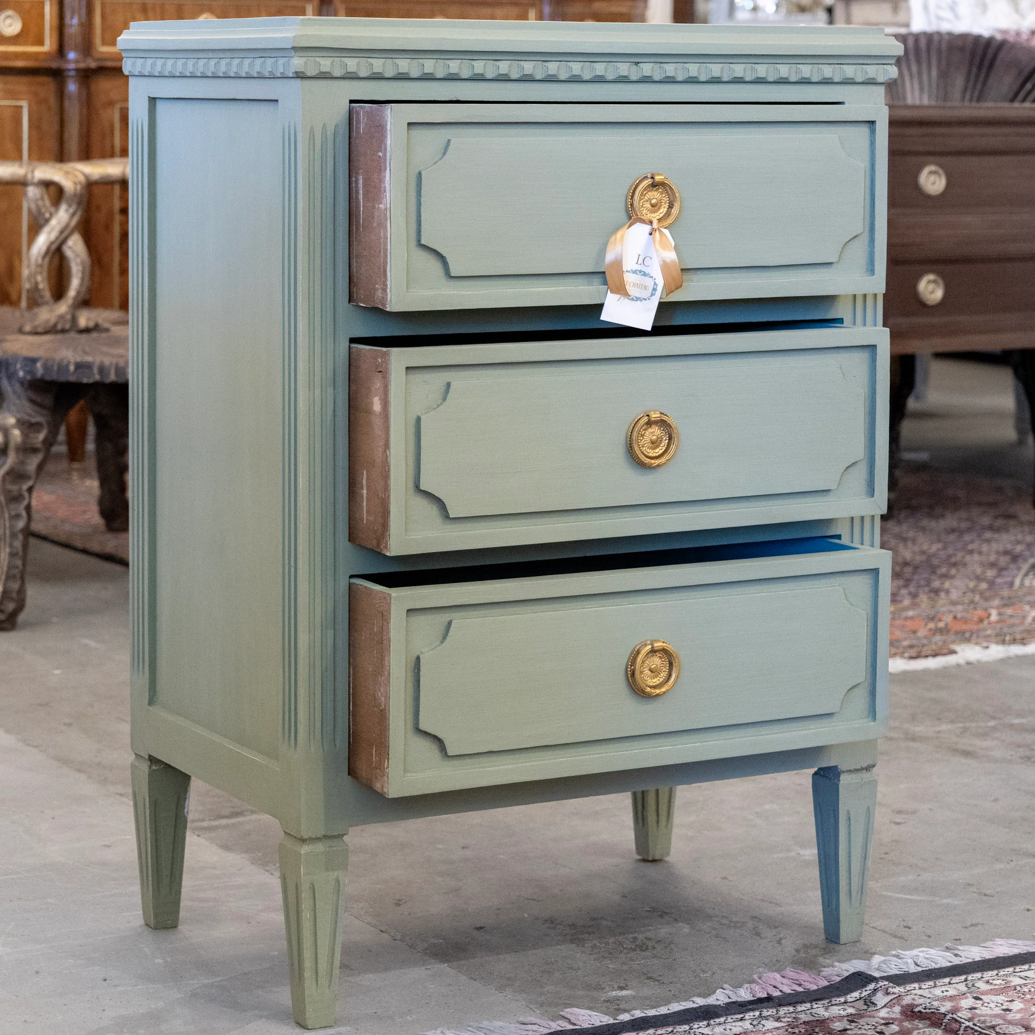 Swedish 3-Drawer Nightstand– Round Brass Pulls & Tapered Legs in Green - Image 3