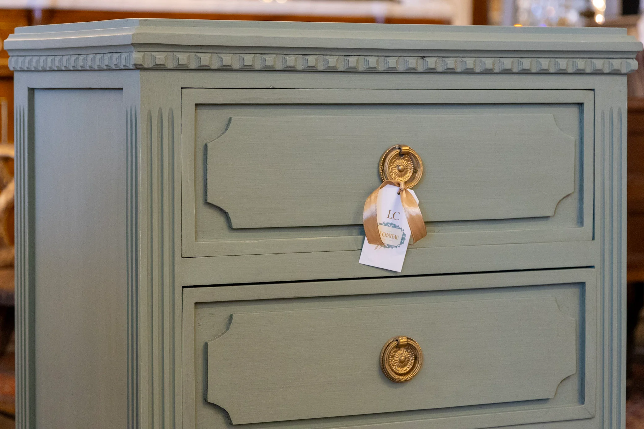 Swedish 3-Drawer Nightstand– Round Brass Pulls & Tapered Legs in Green - Image 4
