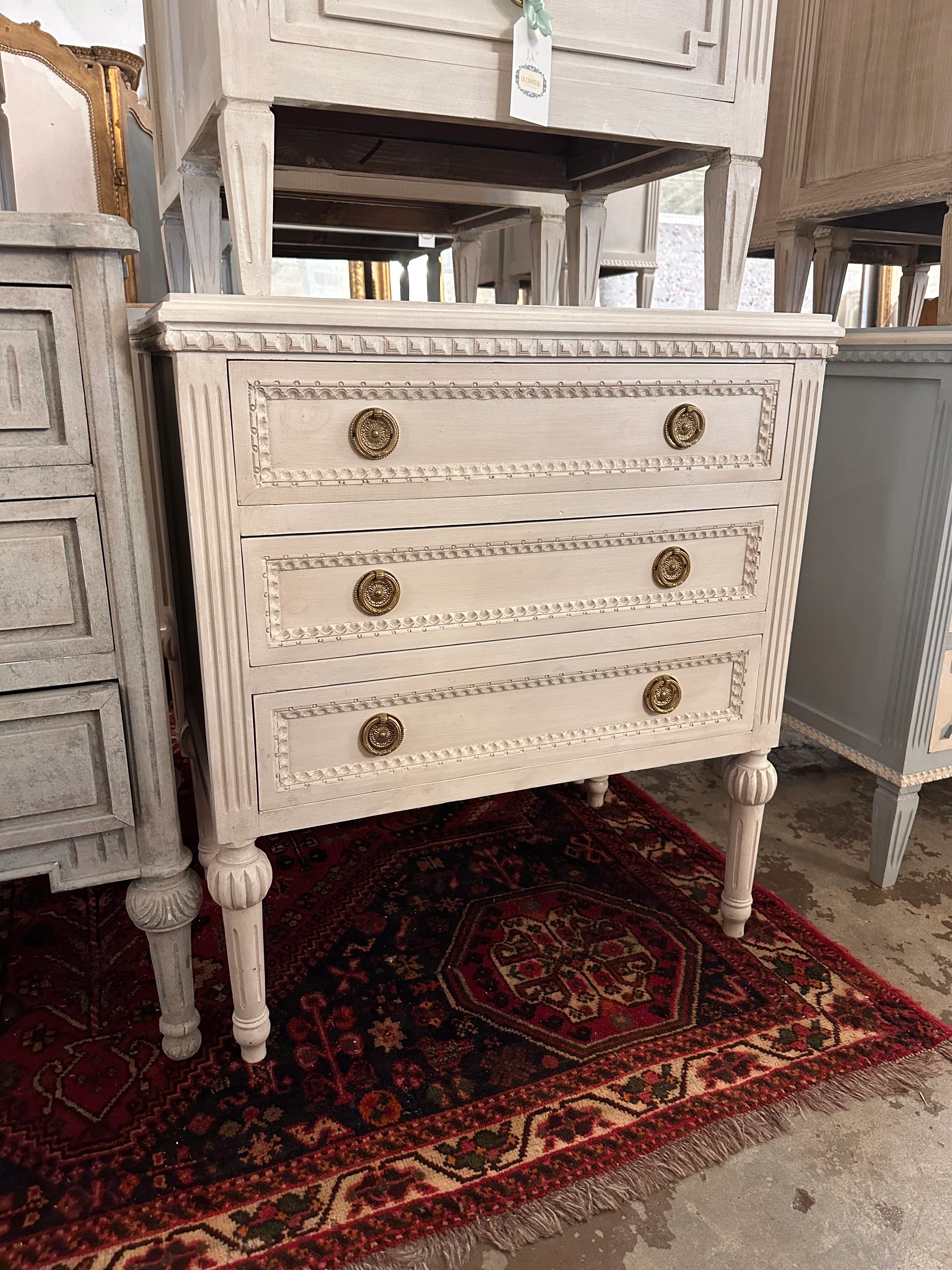 Swedish Nightstand with Beaded Drawers and Carved Ballerina Legs
