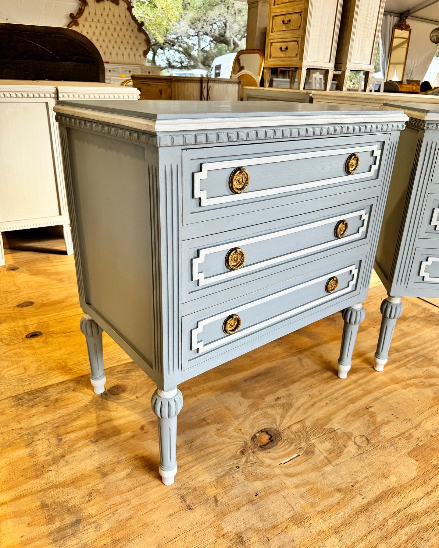 Swedish Nightstand With Open Trim Detail in French Blue & White - Image 3