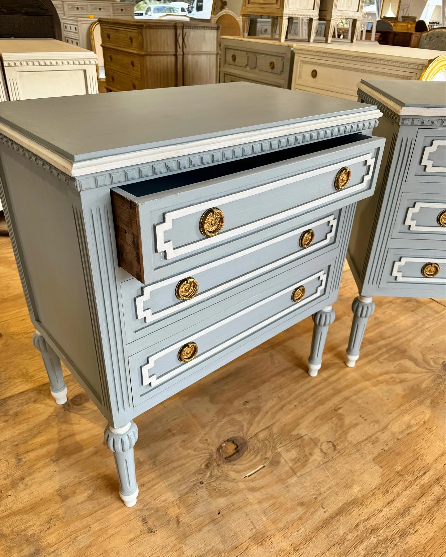 Swedish Nightstand With Open Trim Detail in French Blue & White - Image 4