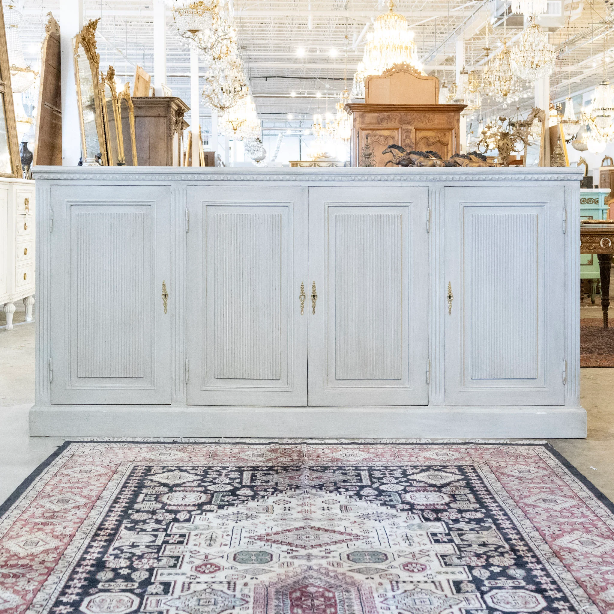 Swedish Painted Sideboard – Reeded Panels & Brass Hardware in French Grey
