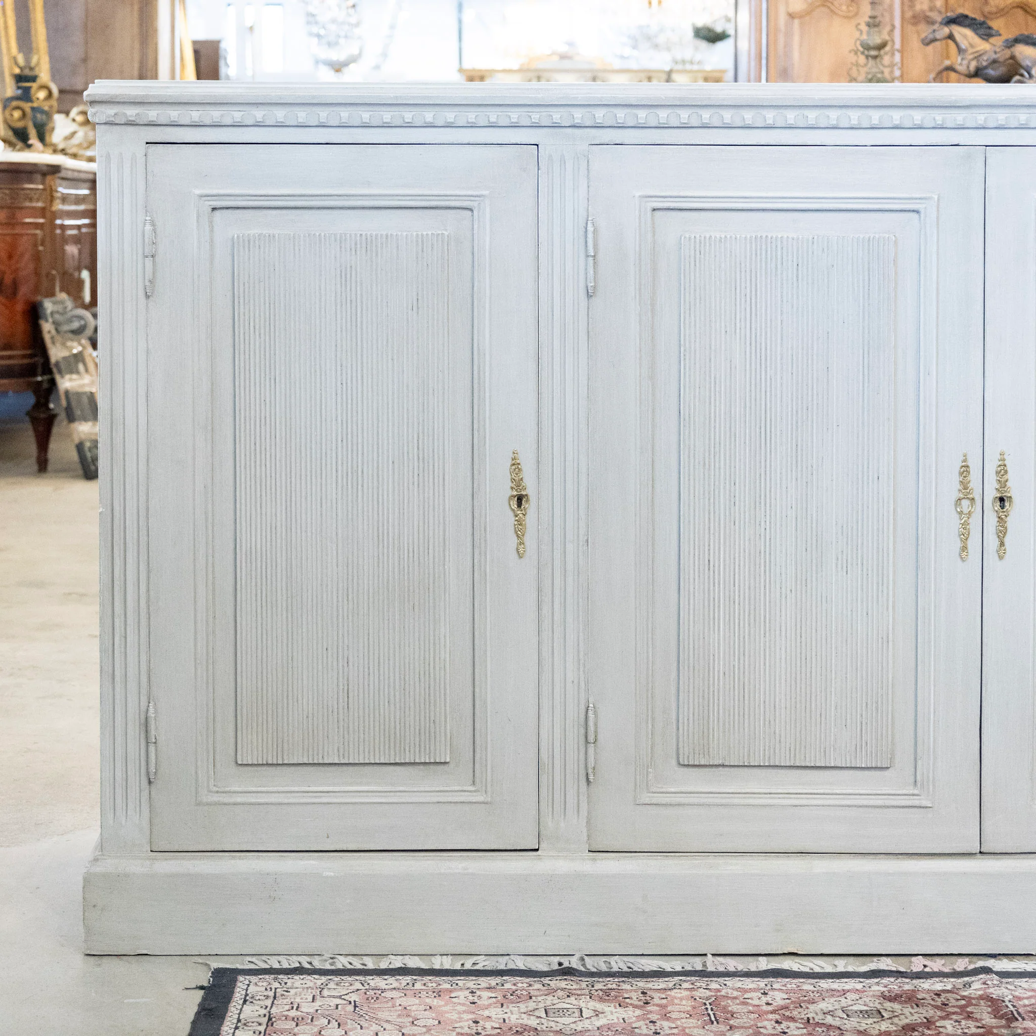 Swedish Painted Sideboard – Reeded Panels & Brass Hardware in French Grey - Image 3