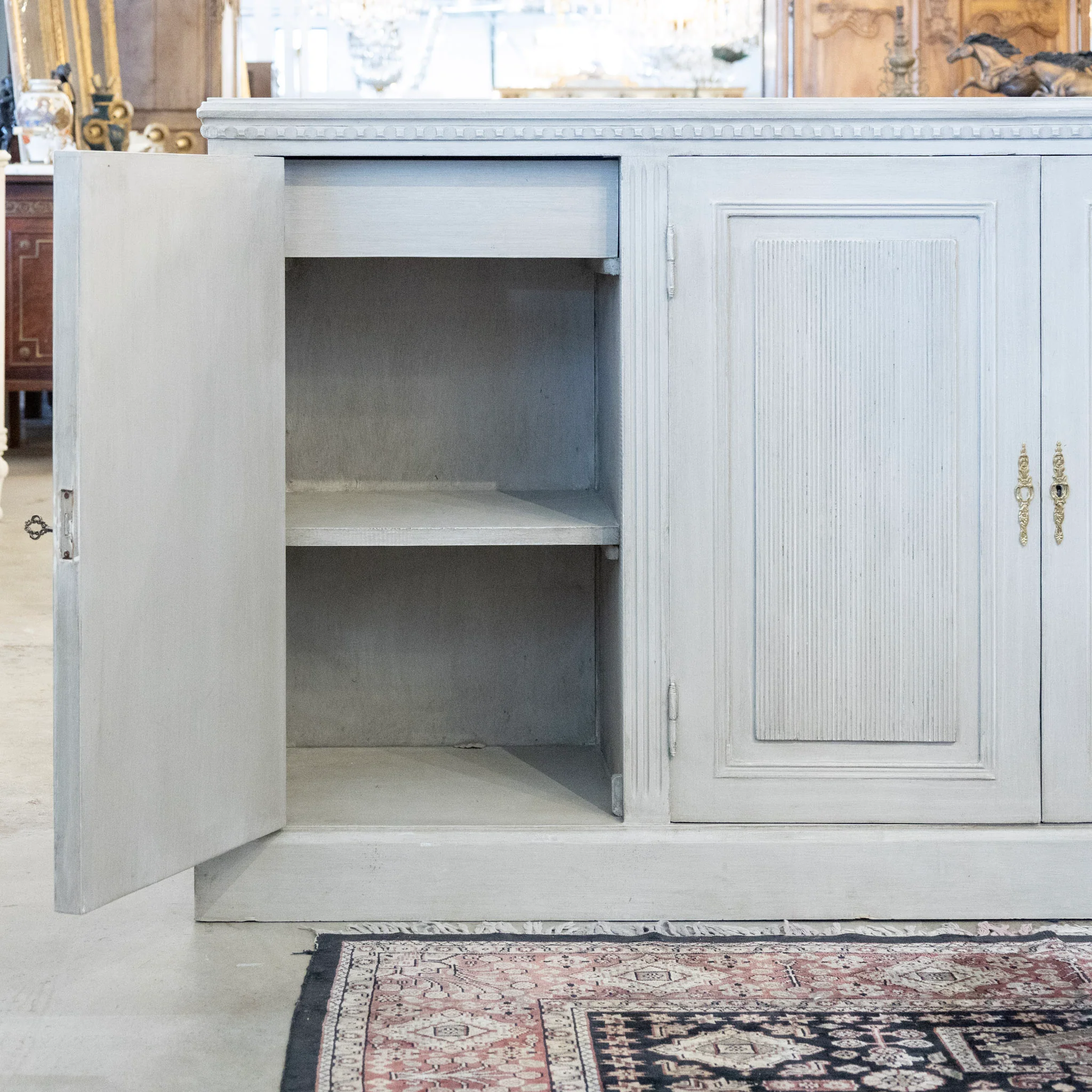 Swedish Painted Sideboard – Reeded Panels & Brass Hardware in French Grey - Image 4