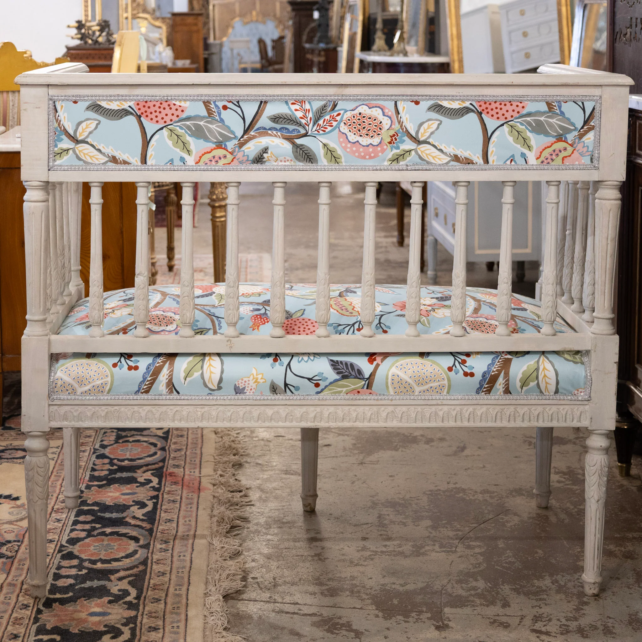 Swedish Painted Settee – Blue Botanical Print Upholstery - Image 10