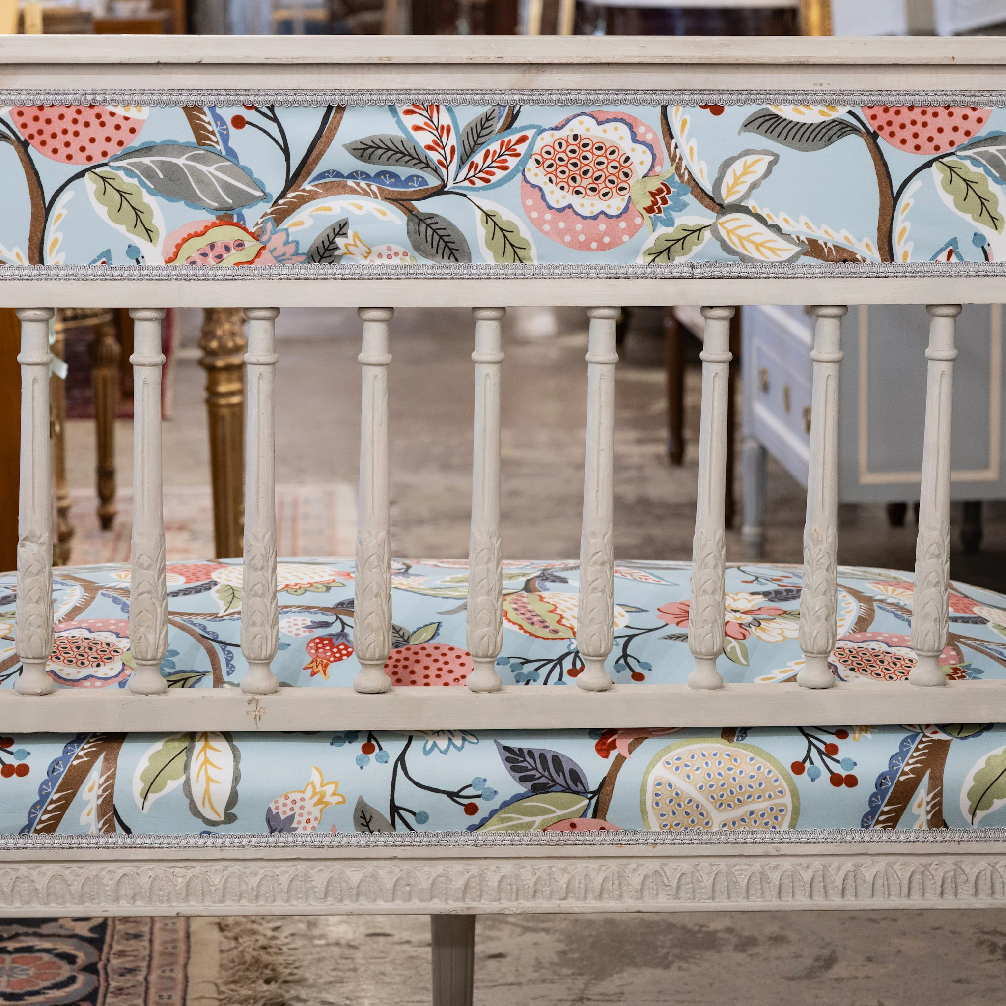 Swedish Painted Settee – Blue Botanical Print Upholstery - Image 11