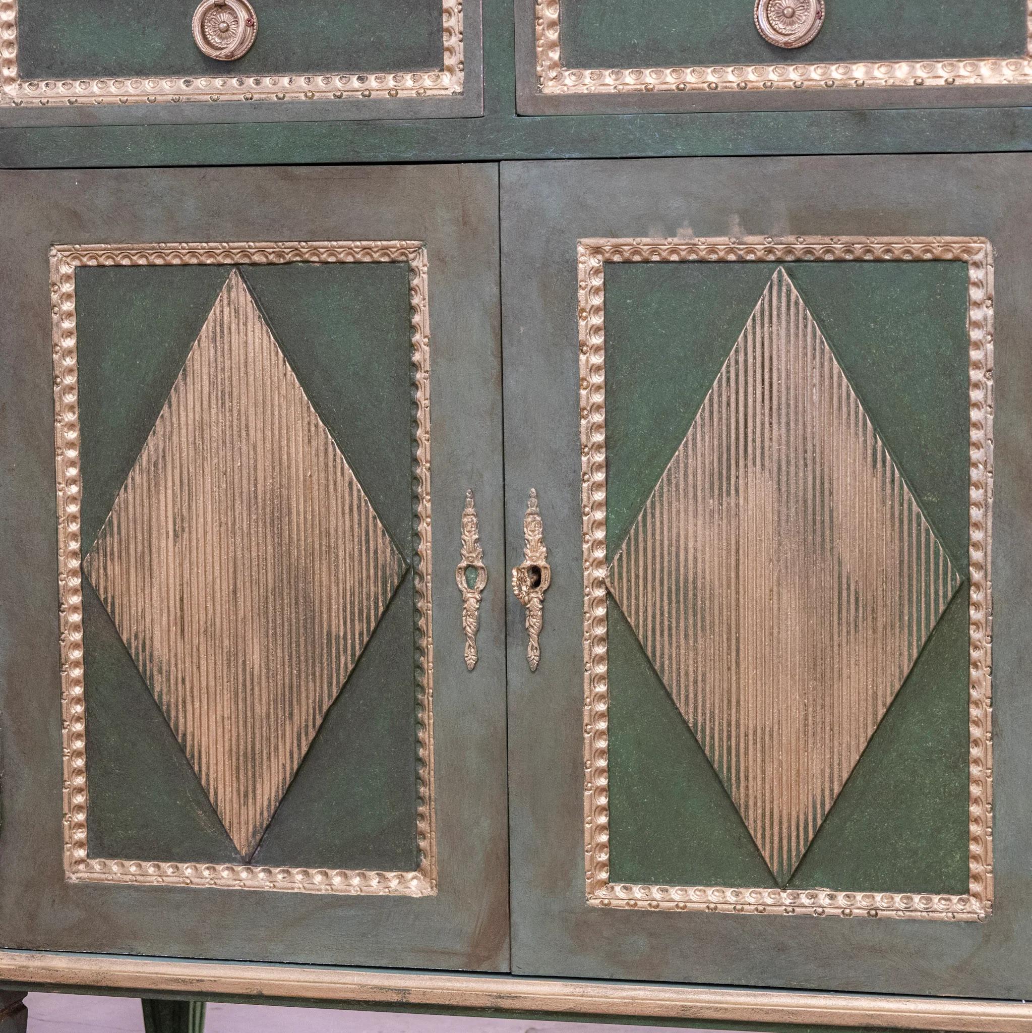 Swedish Painted Ten Drawer Sideboard – Green with Gold Diamond Panels & Trim - Image 10