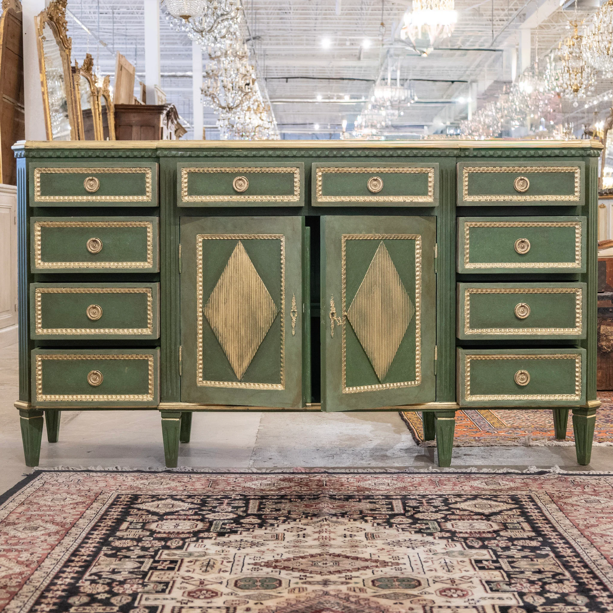 Swedish Painted Ten Drawer Sideboard – Green with Gold Diamond Panels & Trim - Image 2