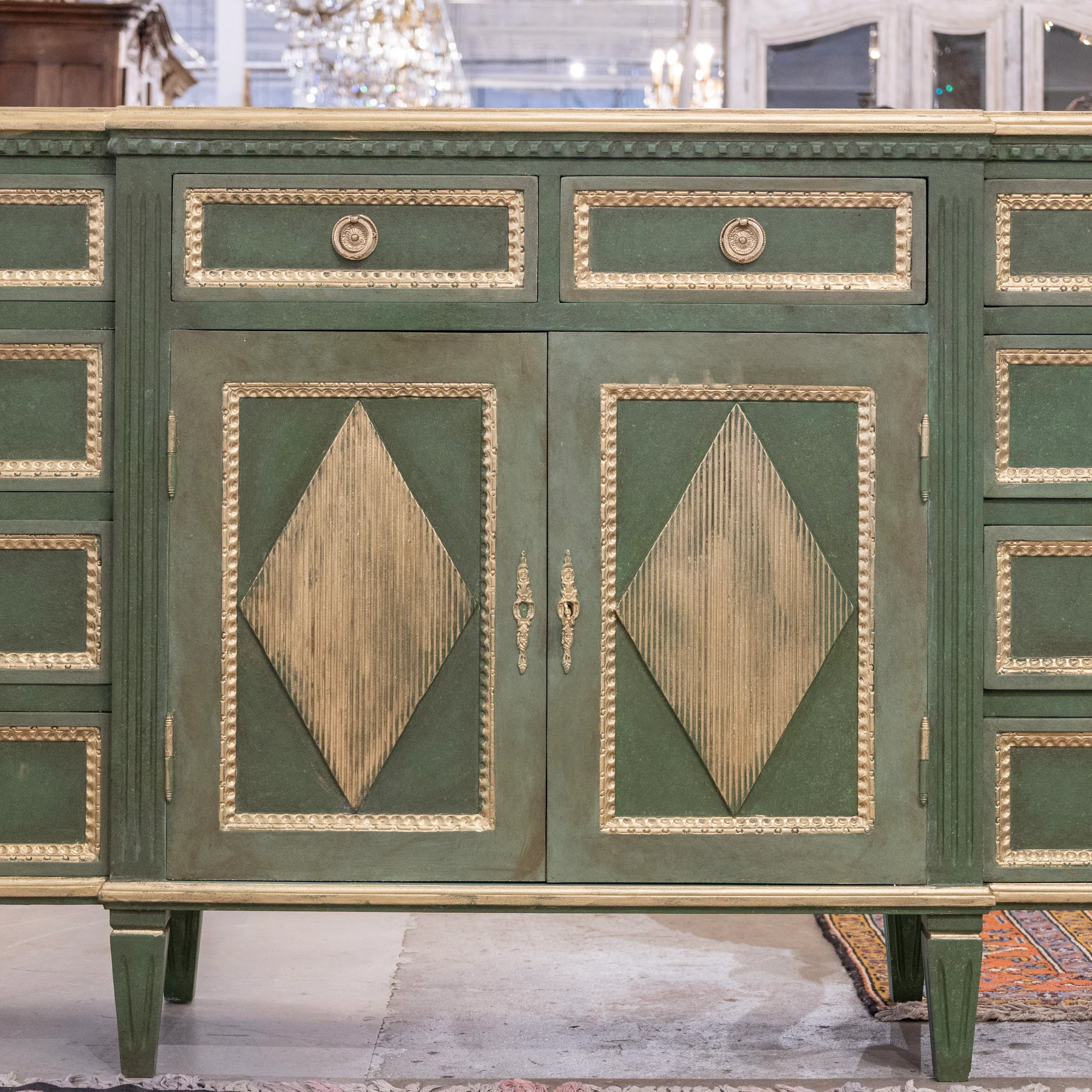 Swedish Painted Ten Drawer Sideboard – Green with Gold Diamond Panels & Trim - Image 3