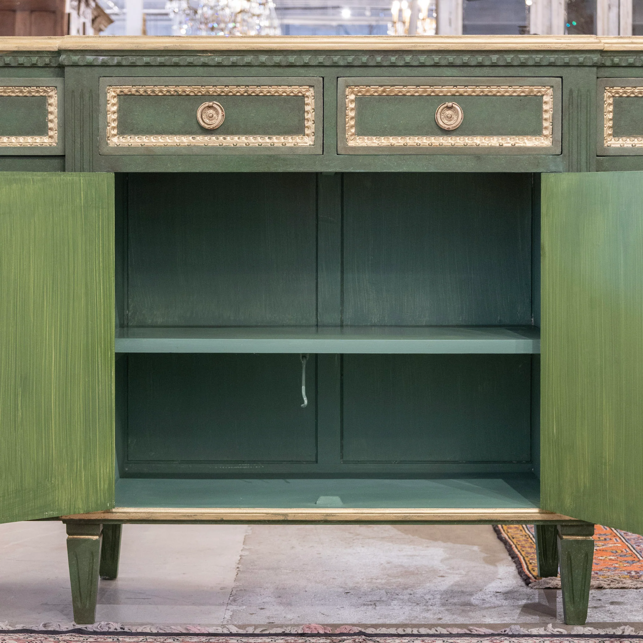 Swedish Painted Ten Drawer Sideboard – Green with Gold Diamond Panels & Trim - Image 4