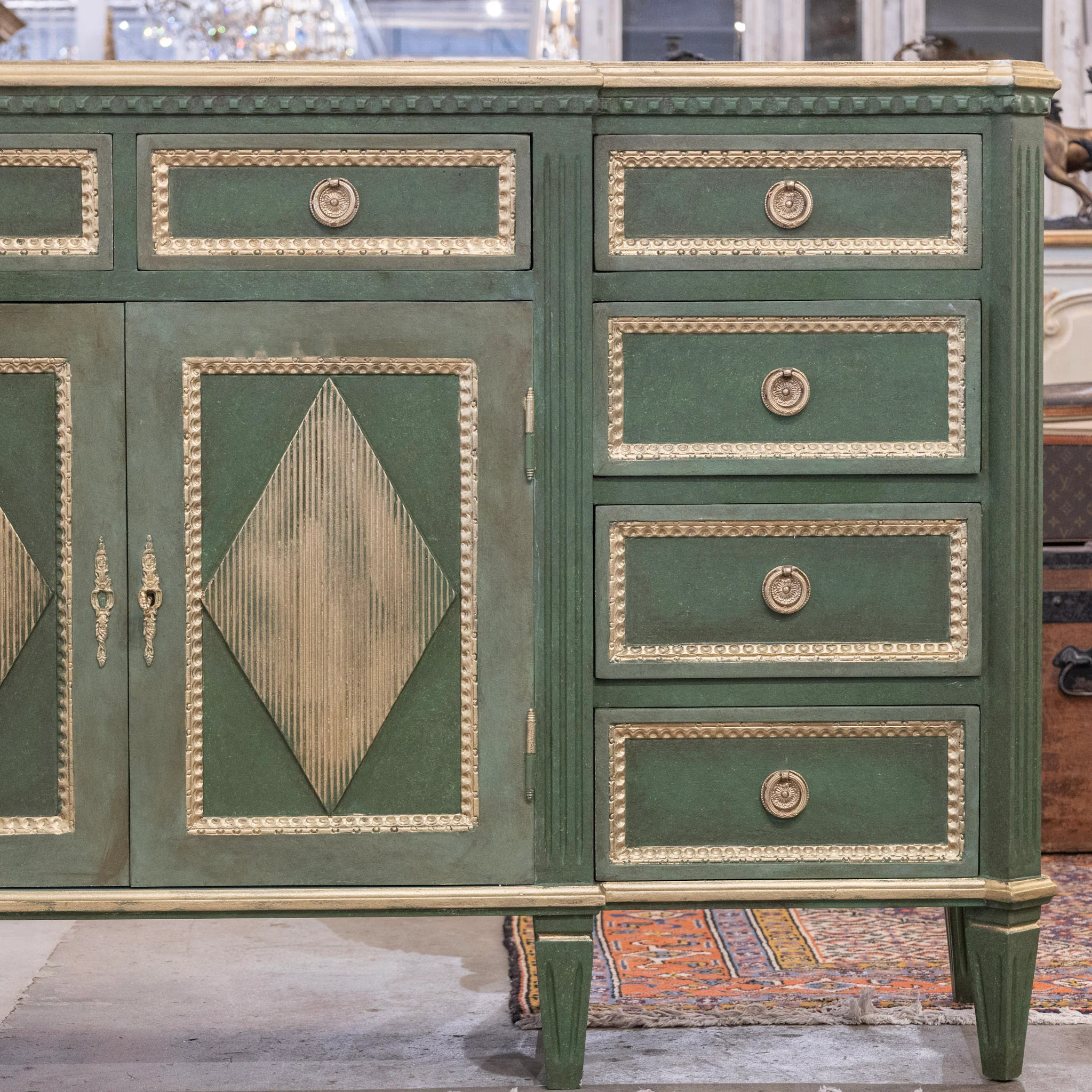Swedish Painted Ten Drawer Sideboard – Green with Gold Diamond Panels & Trim - Image 5