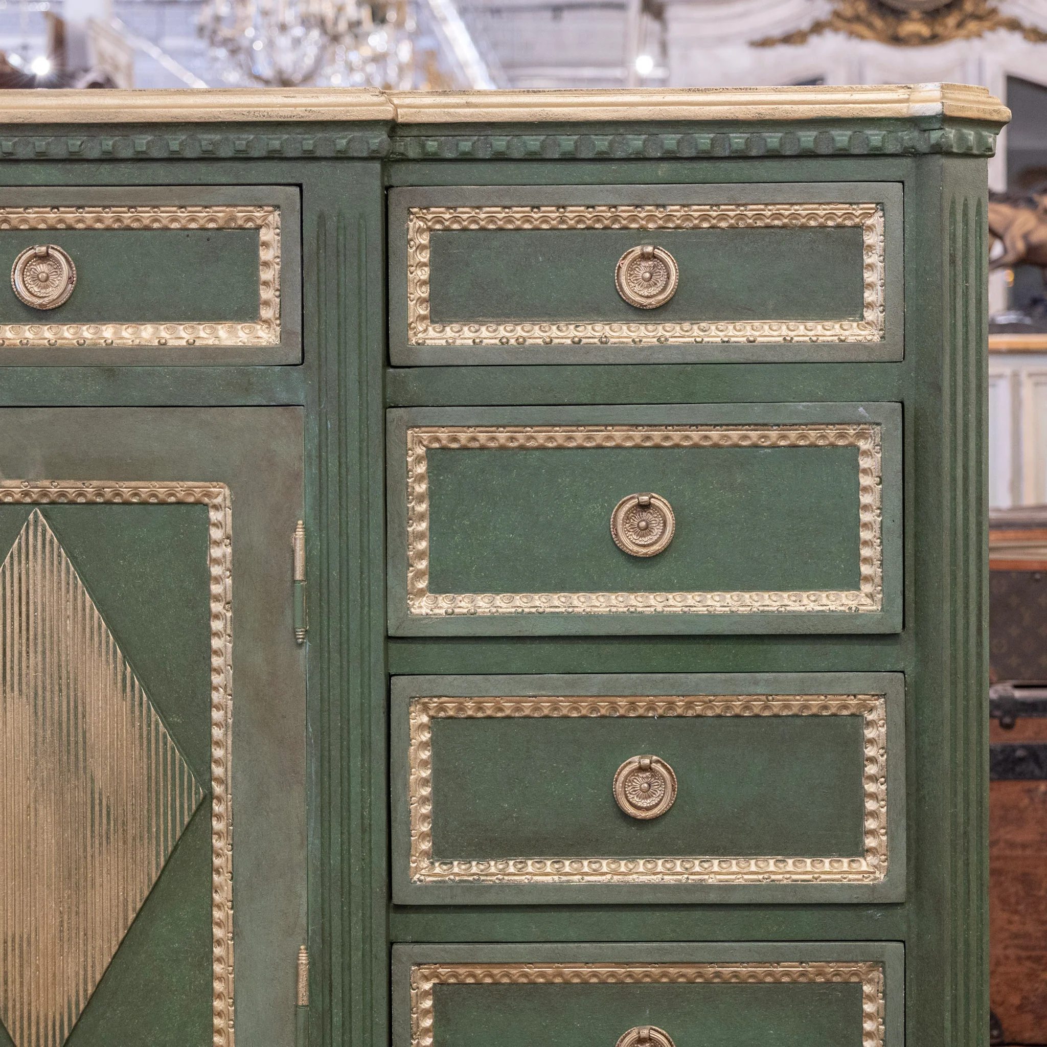 Swedish Painted Ten Drawer Sideboard – Green with Gold Diamond Panels & Trim - Image 6