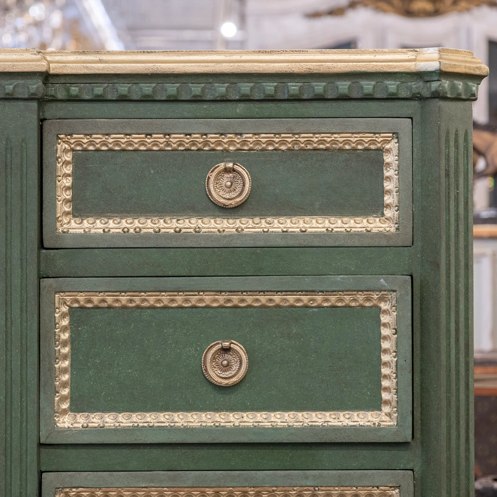 Swedish Painted Ten Drawer Sideboard – Green with Gold Diamond Panels & Trim - Image 7