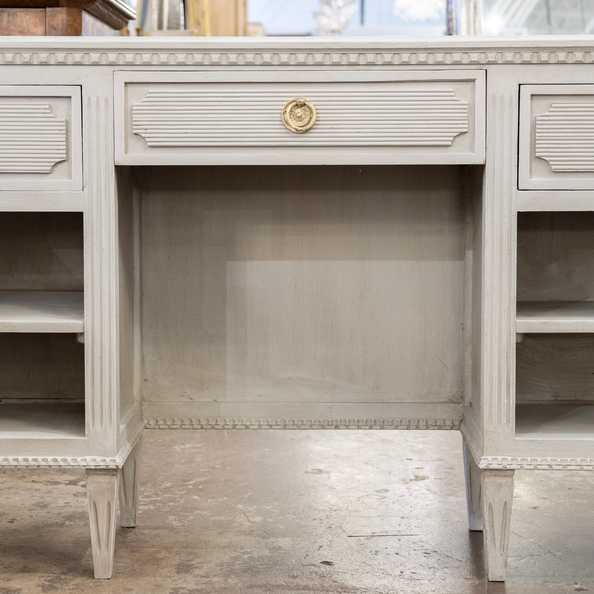 Swedish Painted Vanity – Fluted Drawers & Open Shelf in French Grey - Image 3