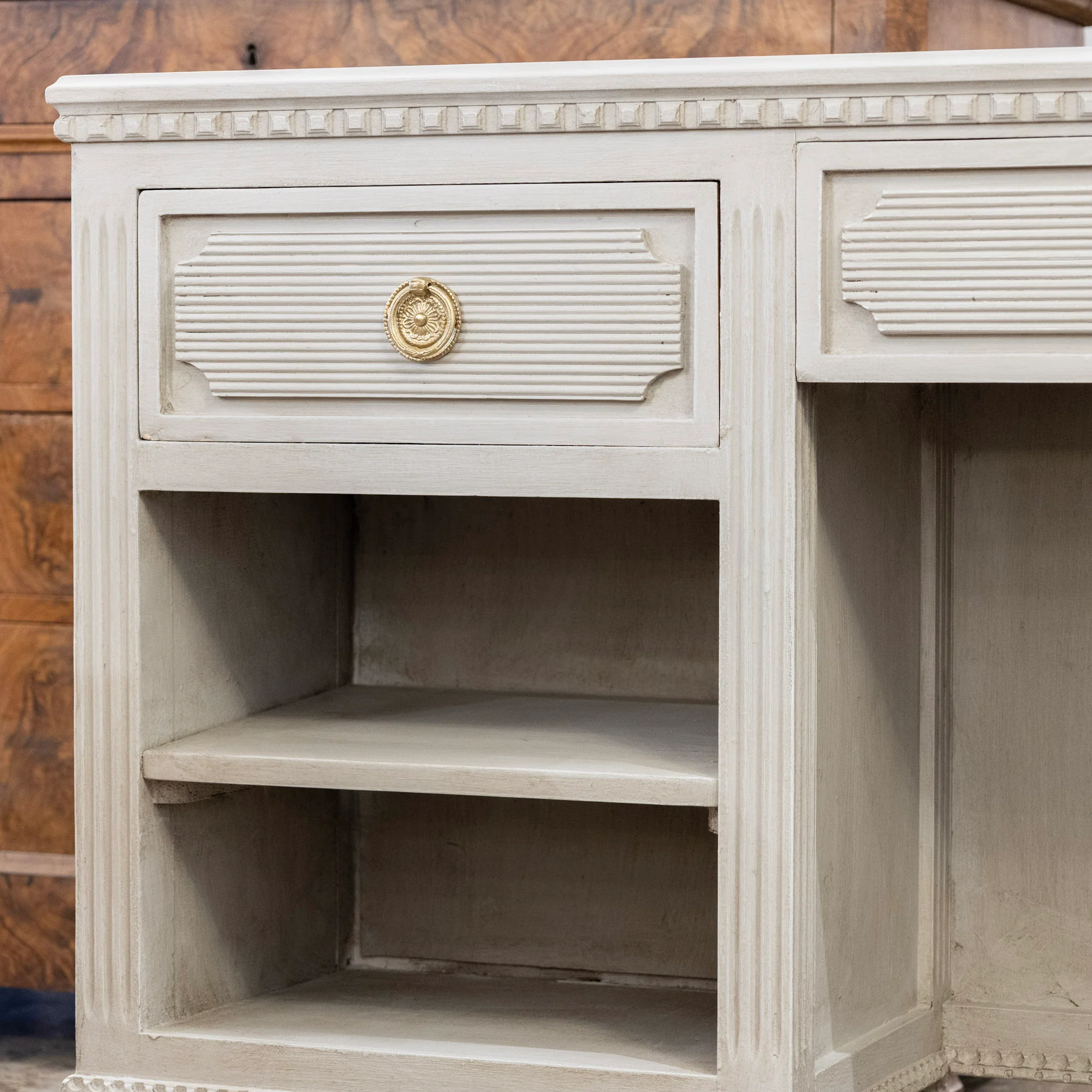 Swedish Painted Vanity – Fluted Drawers & Open Shelf in French Grey - Image 4