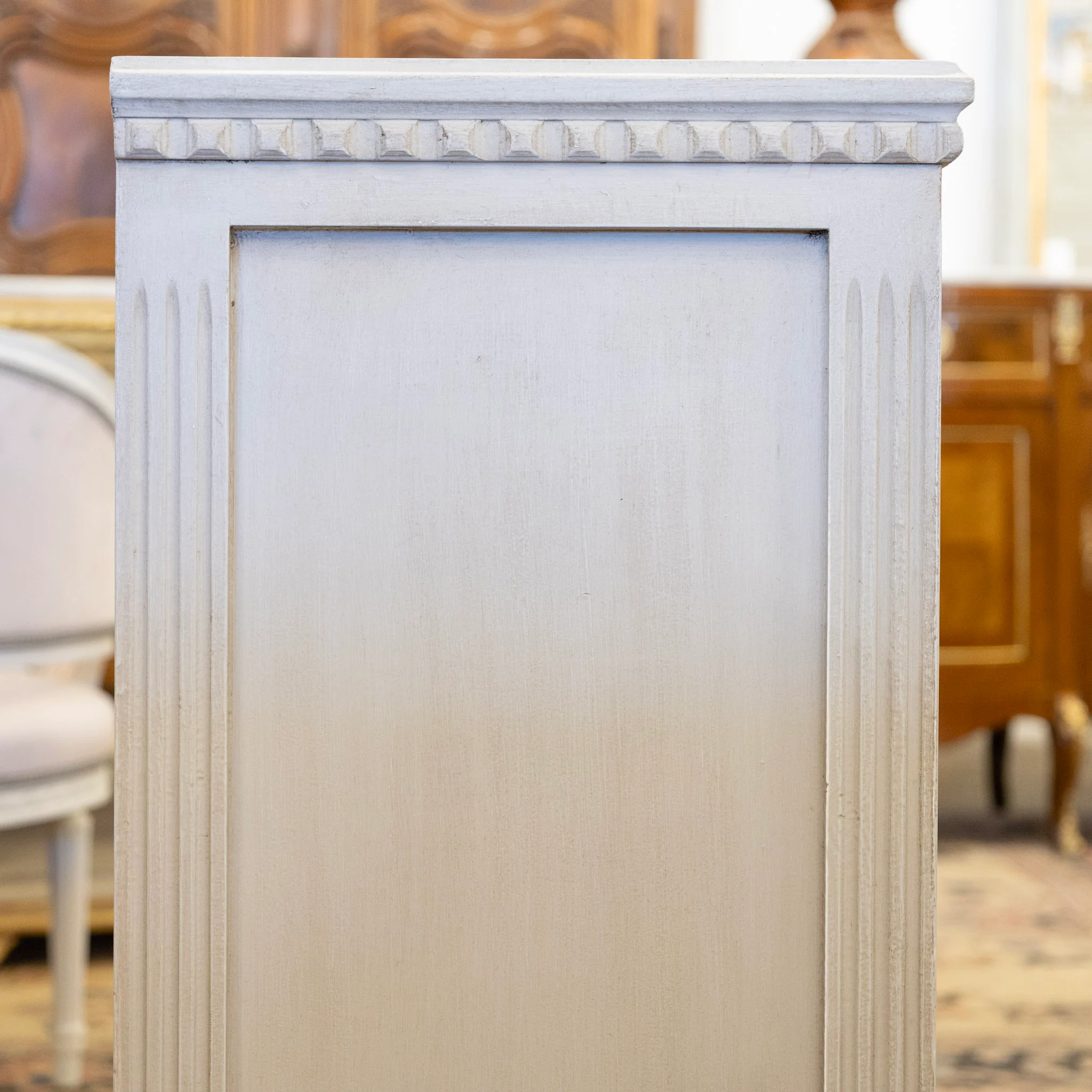 Swedish Painted Vanity – Fluted Drawers & Open Shelf in French Grey - Image 7