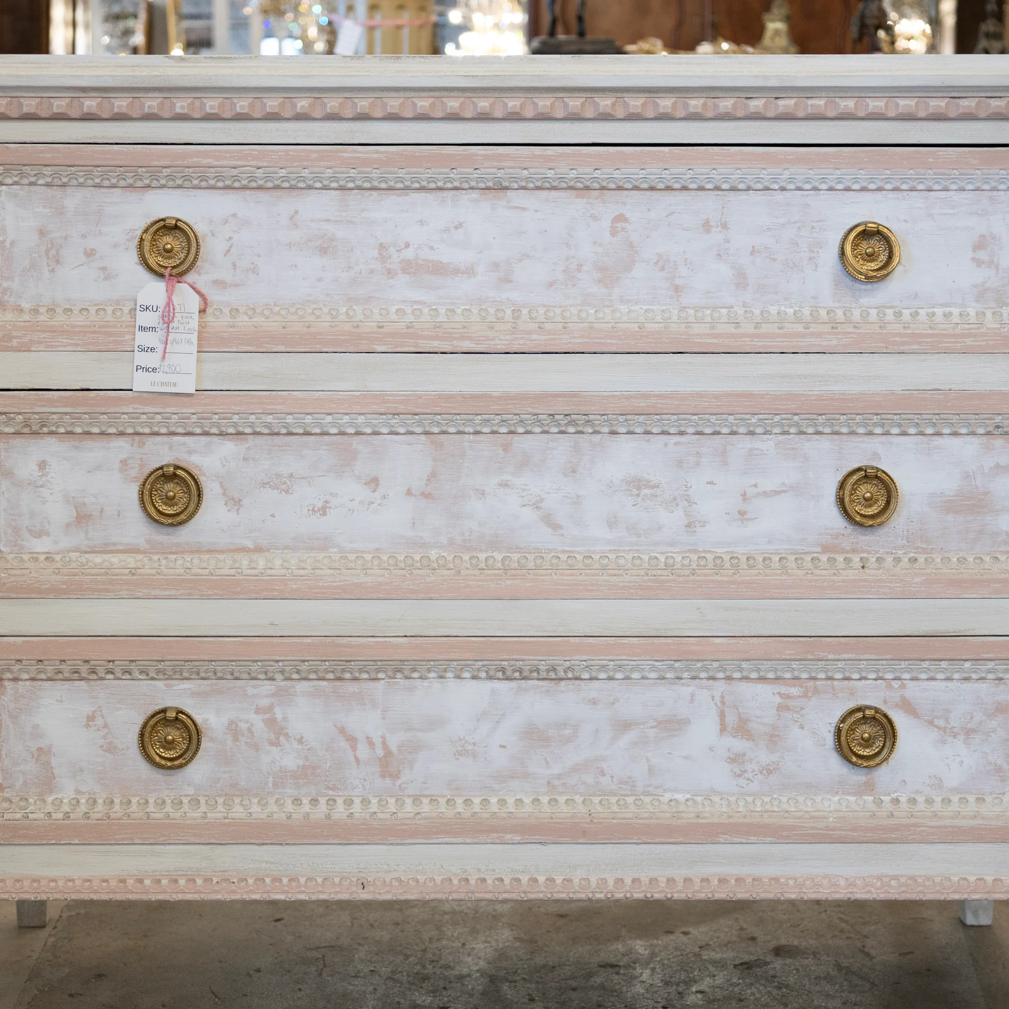 Swedish Pink & White Chest with Textured Finish & Large Brass Pulls - Image 3