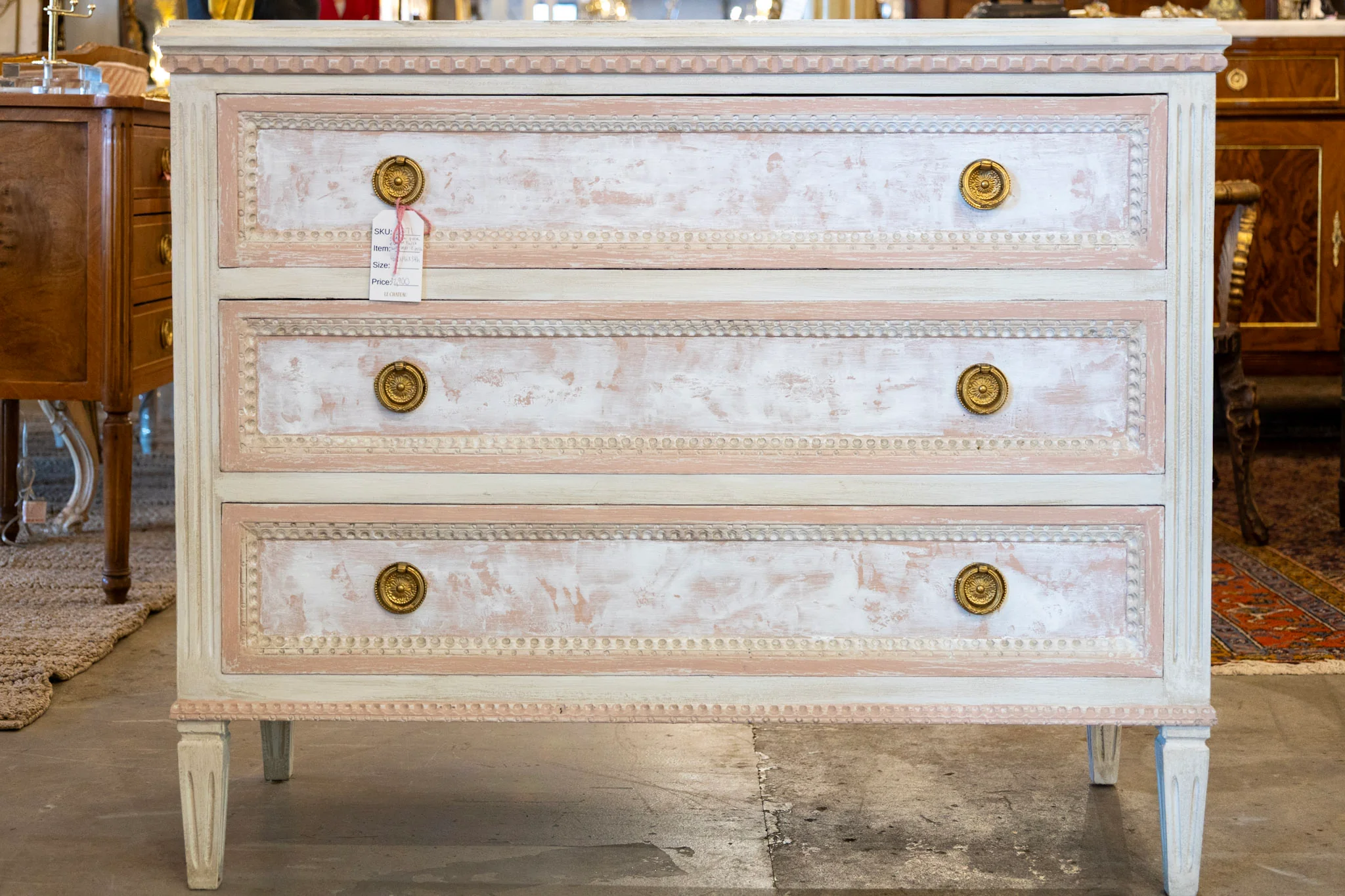 Swedish Pink & White Chest with Textured Finish & Large Brass Pulls - Image 5