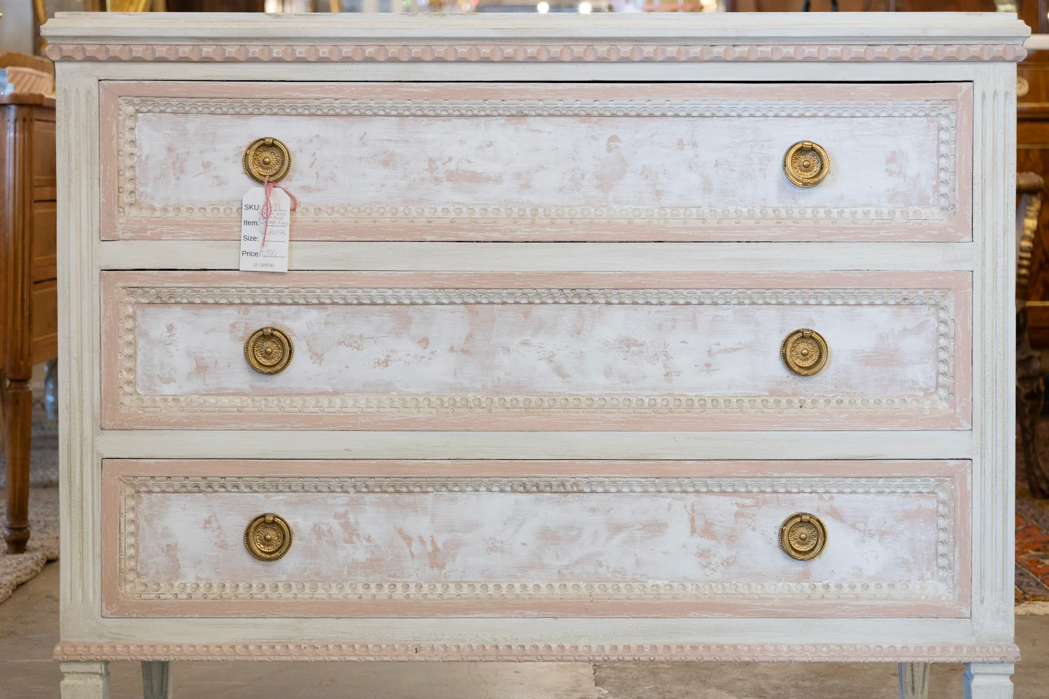 Swedish Pink & White Chest with Textured Finish & Large Brass Pulls - Image 6