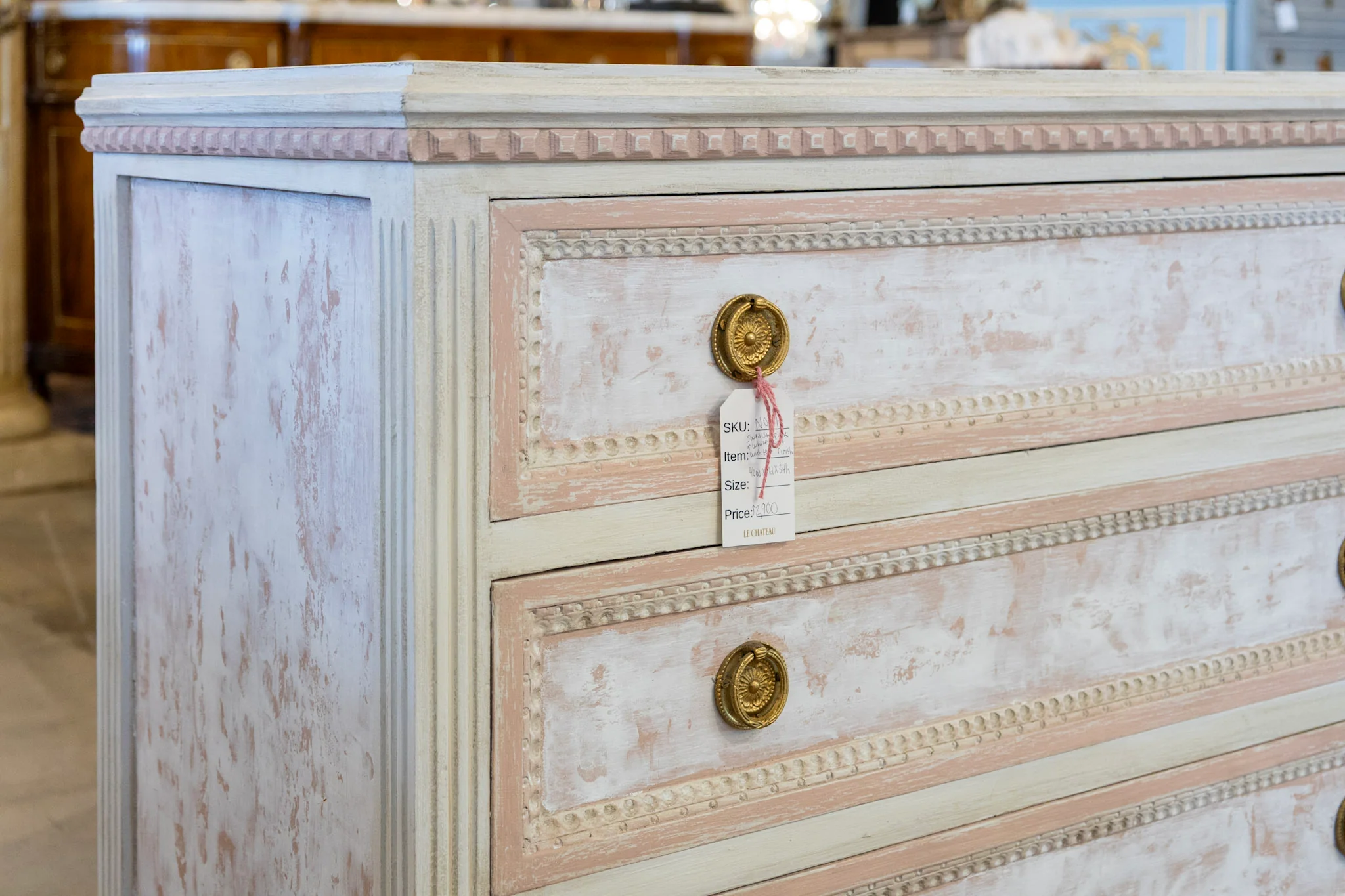 Swedish Pink & White Chest with Textured Finish & Large Brass Pulls - Image 7