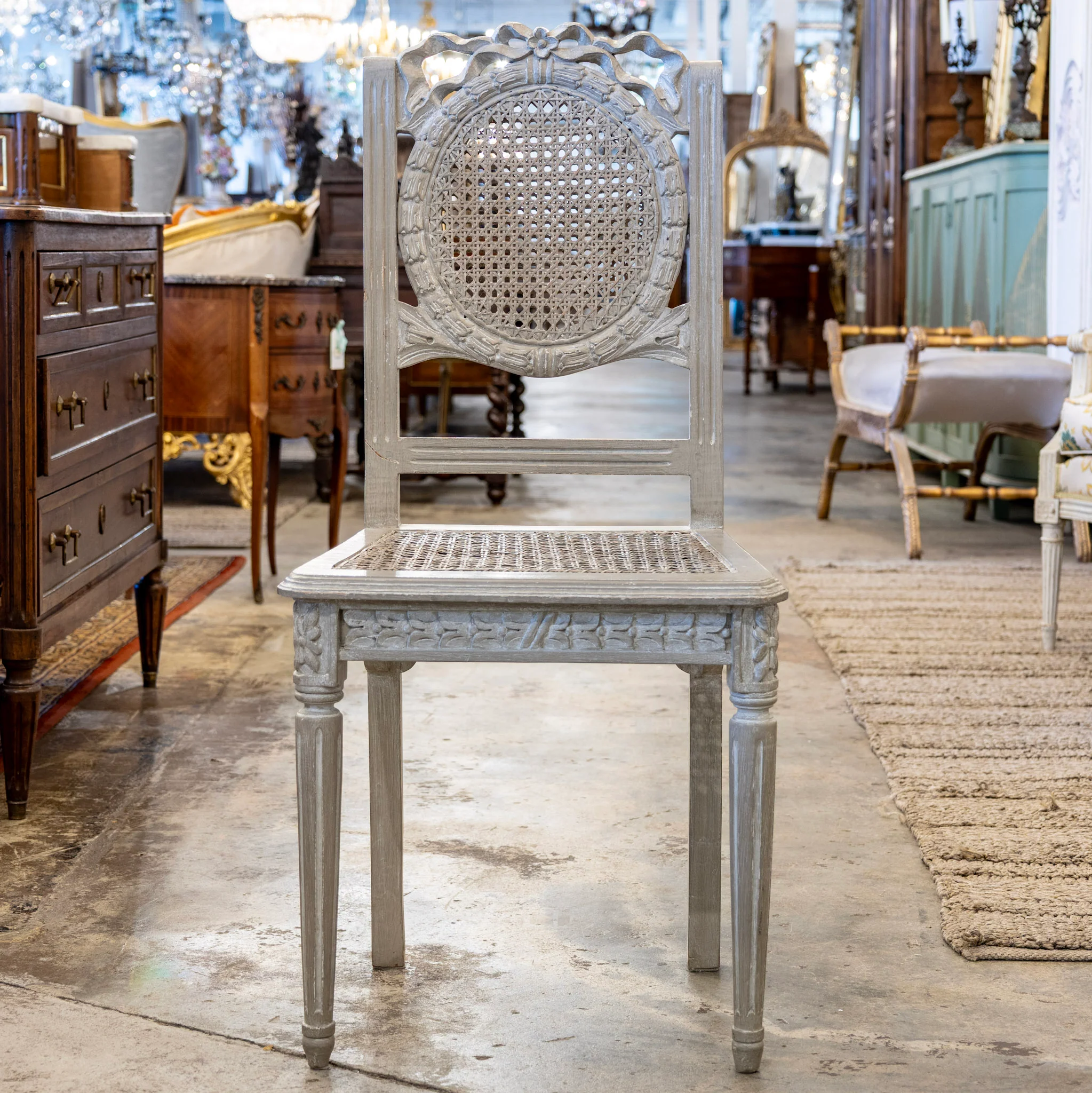 Swedish Dining Chair – Cane Back with Bow Carving in French Grey