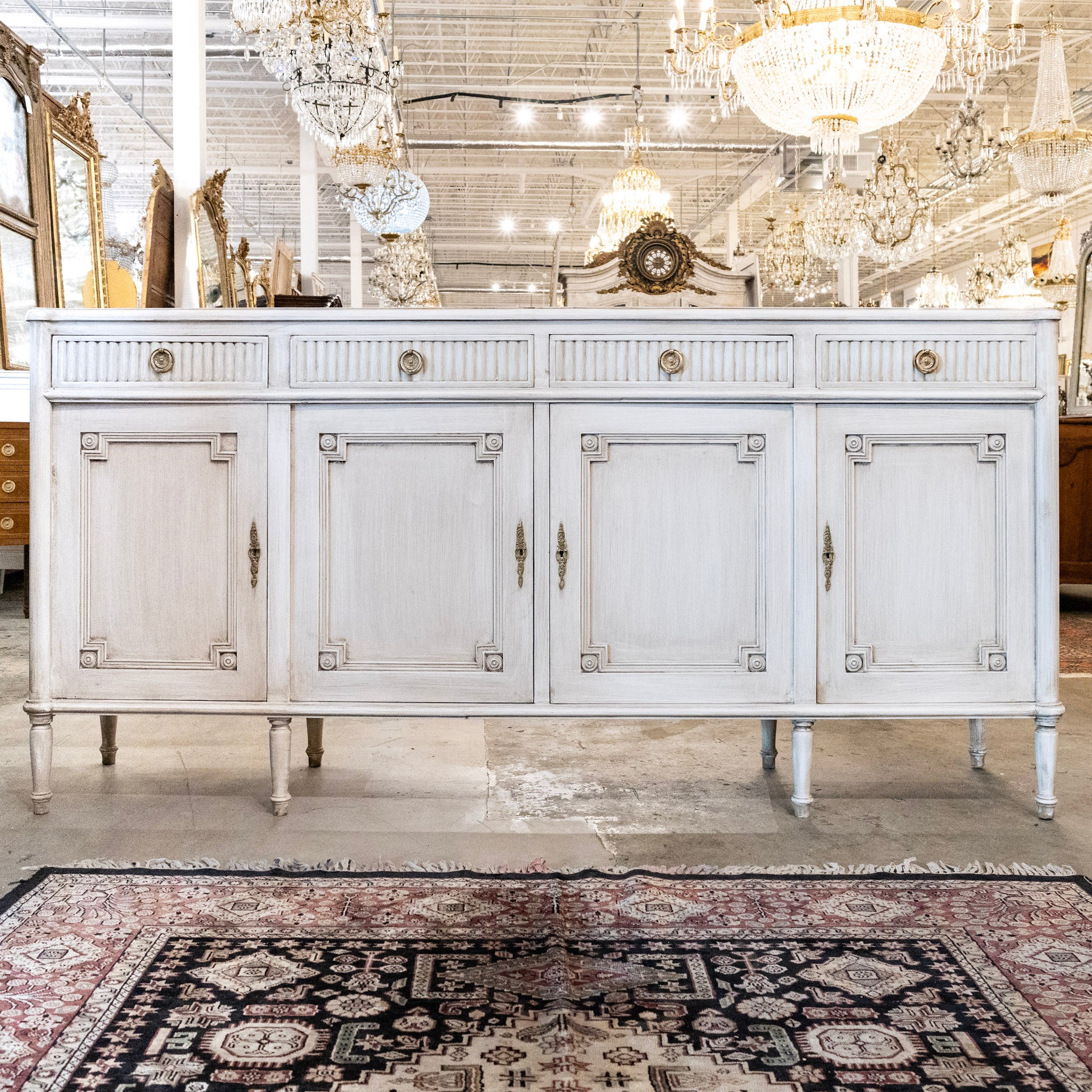 Swedish Sideboard in Antique White with Reeded Drawers & Carvings