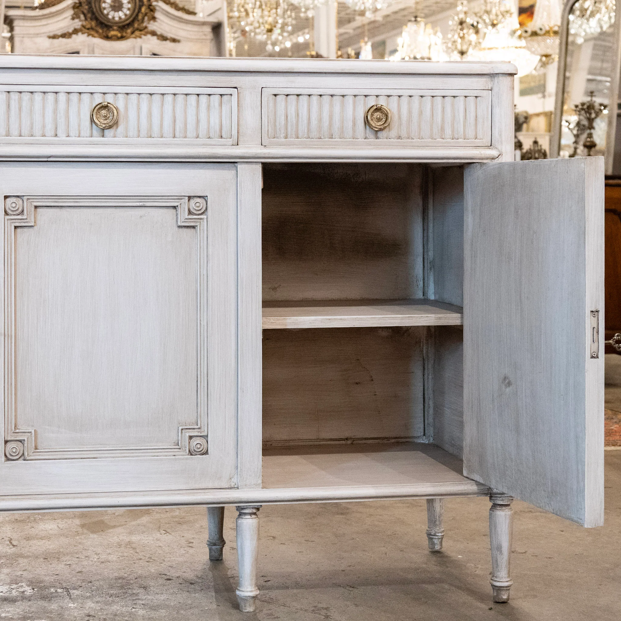 Swedish Sideboard in Antique White with Reeded Drawers & Carvings - Image 5