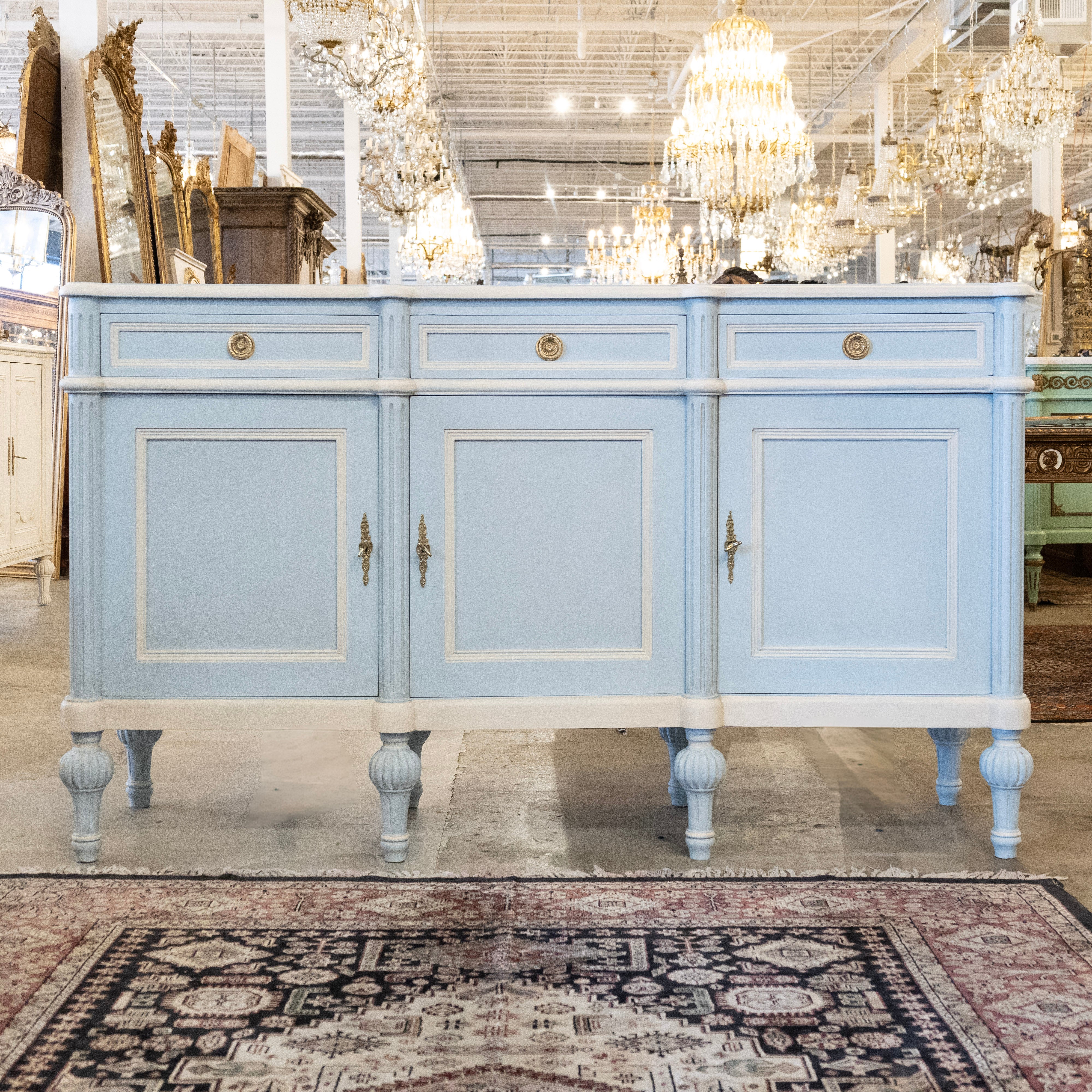 Swedish Painted Sideboard – White Trim with Ballerina Legs in Blue