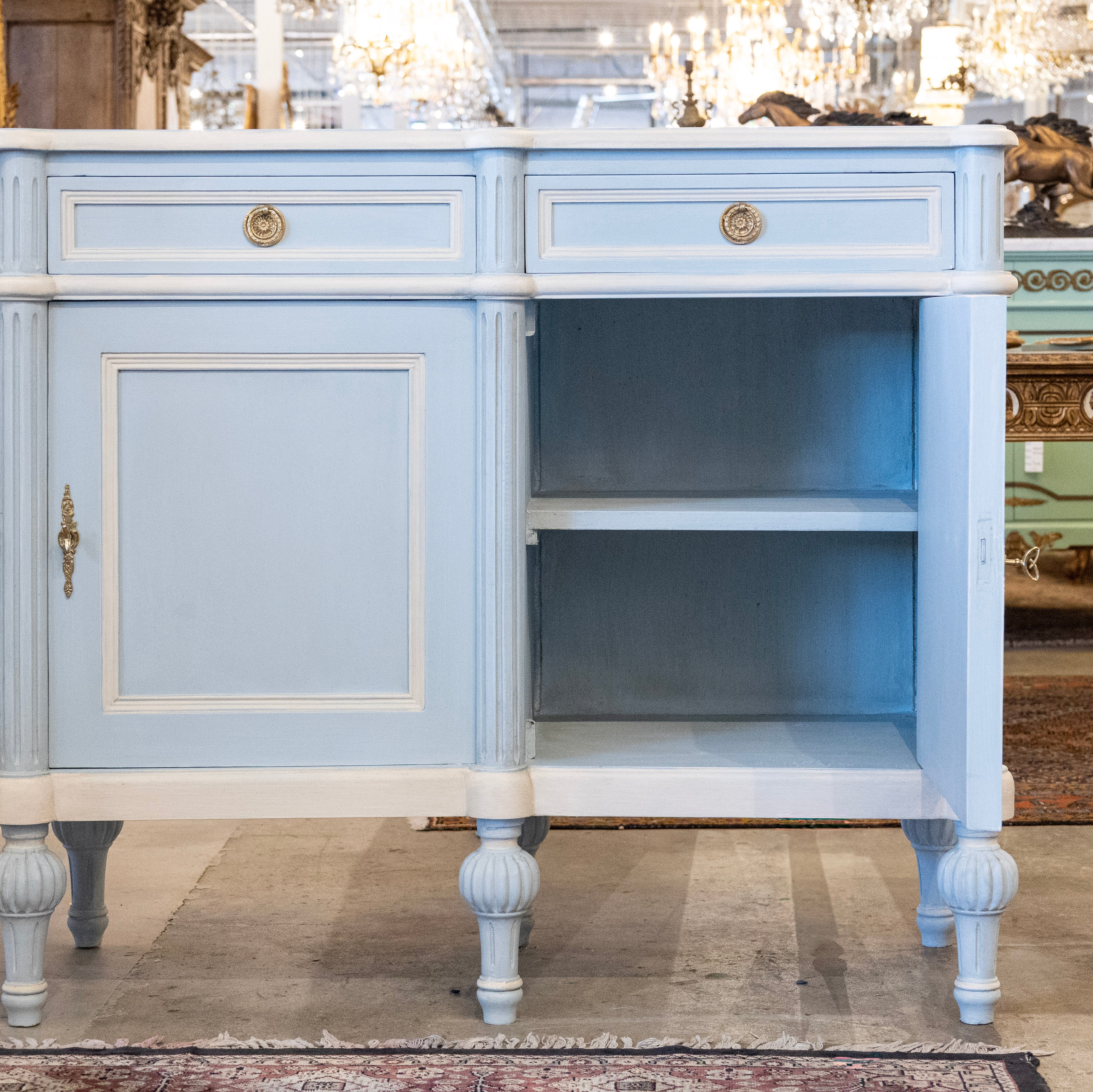 Swedish Painted Sideboard – White Trim with Ballerina Legs in Blue - Image 4