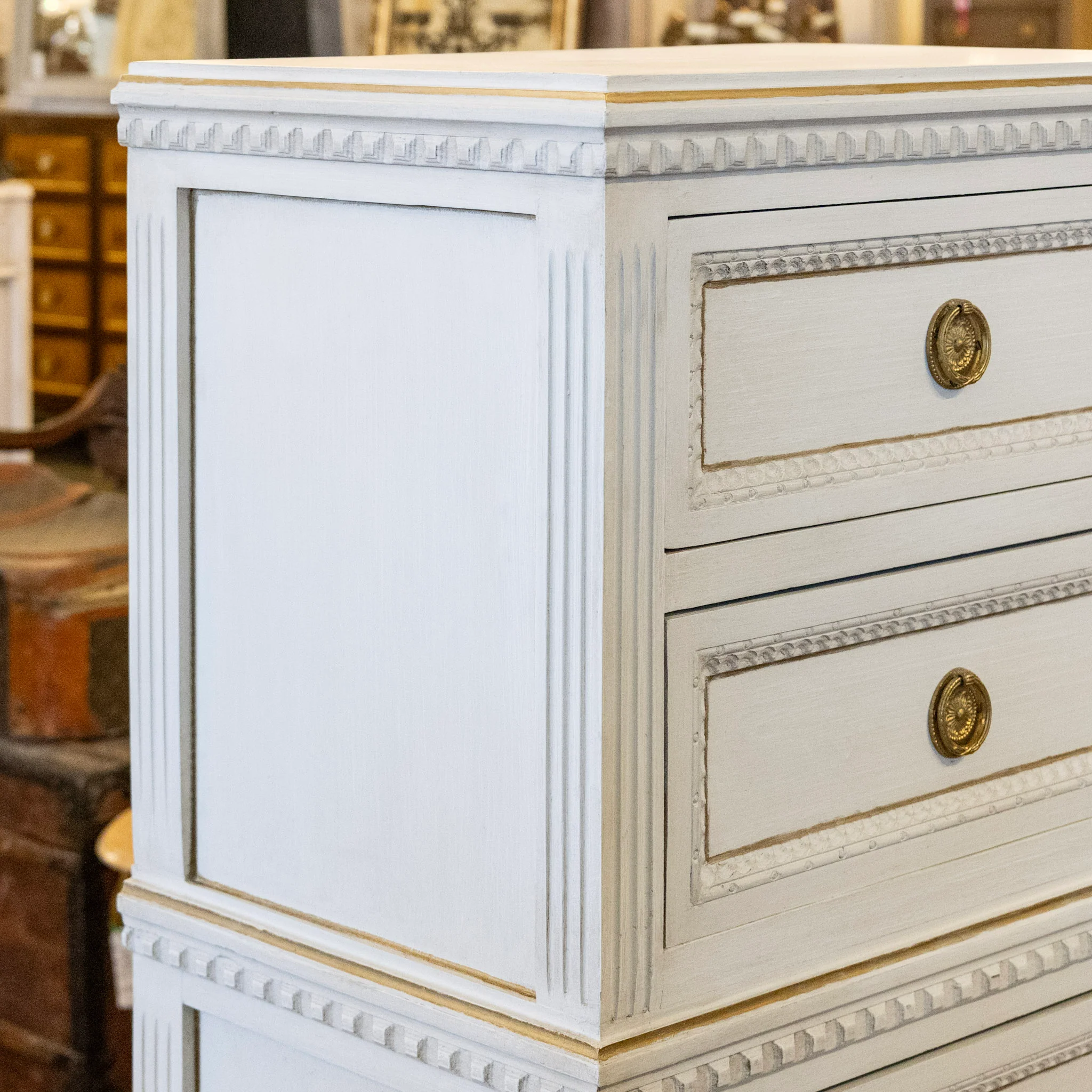 Swedish Slim Tall Dresser – Beaded & Gold Trim in Dove White - Image 10