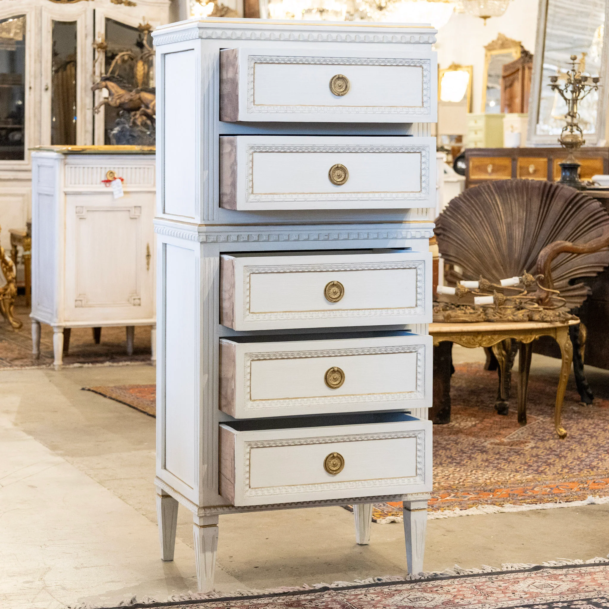 Swedish Slim Tall Dresser – Beaded & Gold Trim in Dove White - Image 3