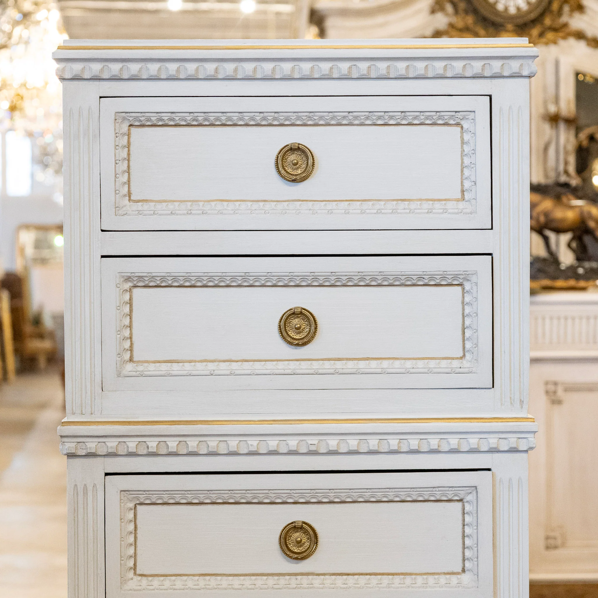 Swedish Slim Tall Dresser – Beaded & Gold Trim in Dove White - Image 4