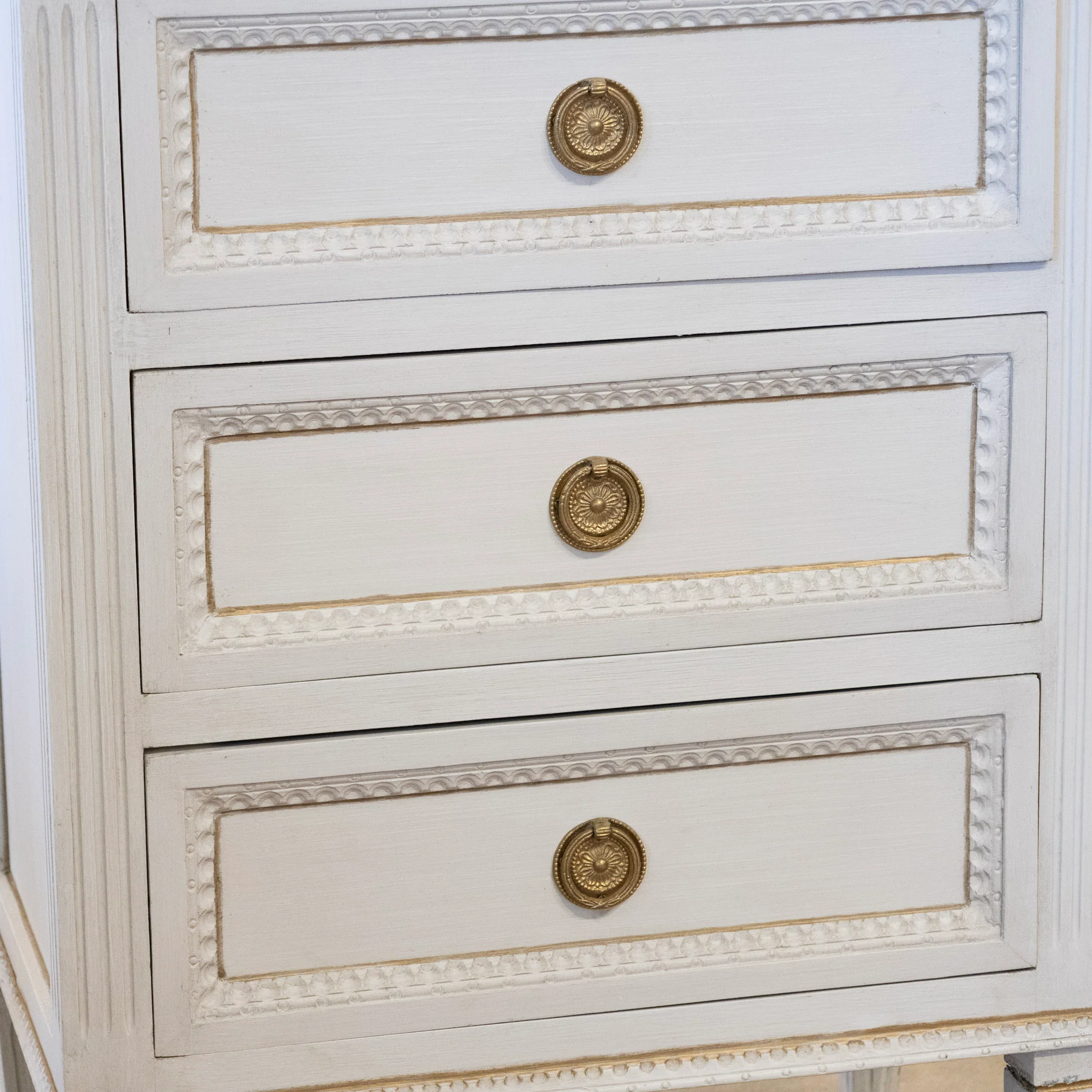 Swedish Slim Tall Dresser – Beaded & Gold Trim in Dove White - Image 7