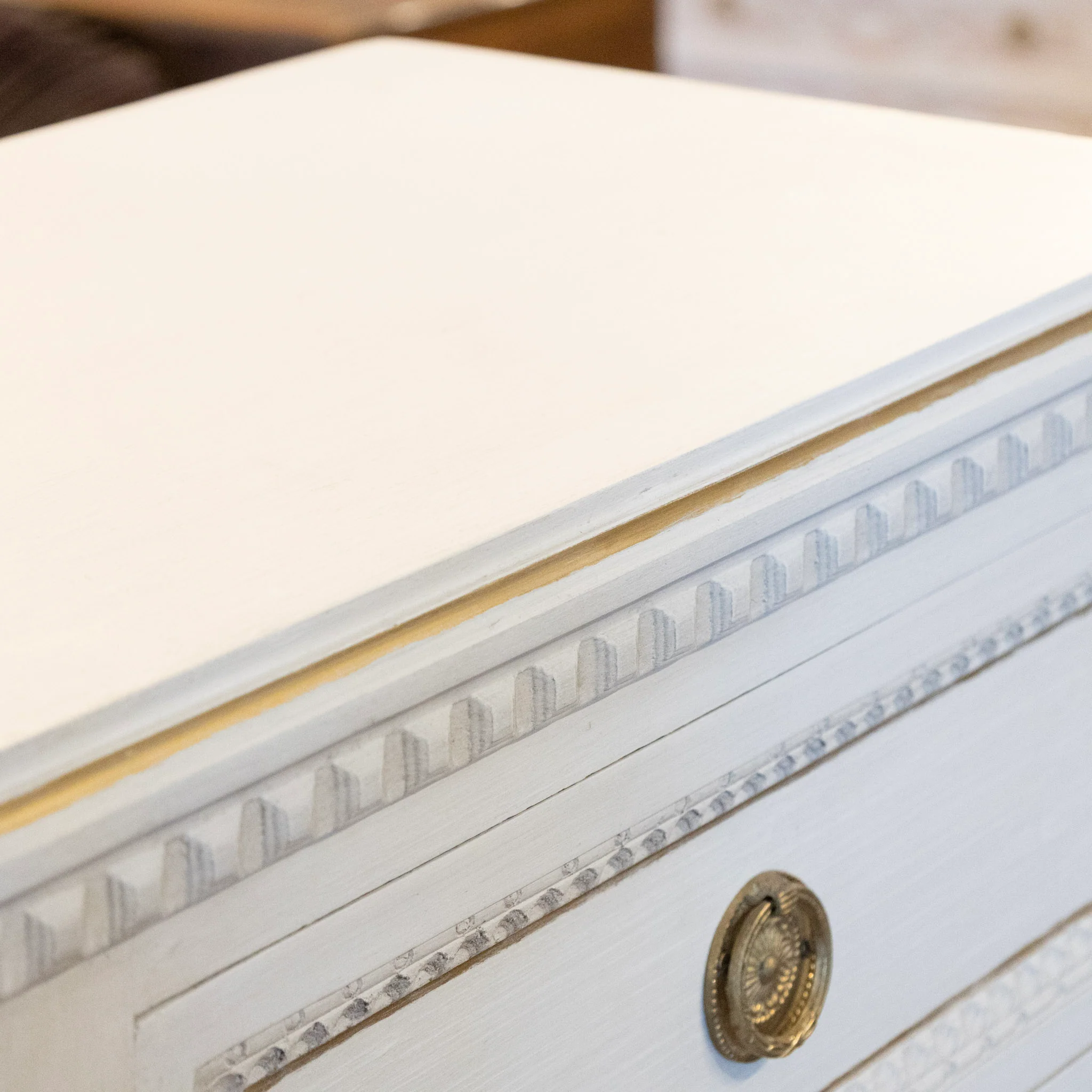 Swedish Slim Tall Dresser – Beaded & Gold Trim in Dove White - Image 8